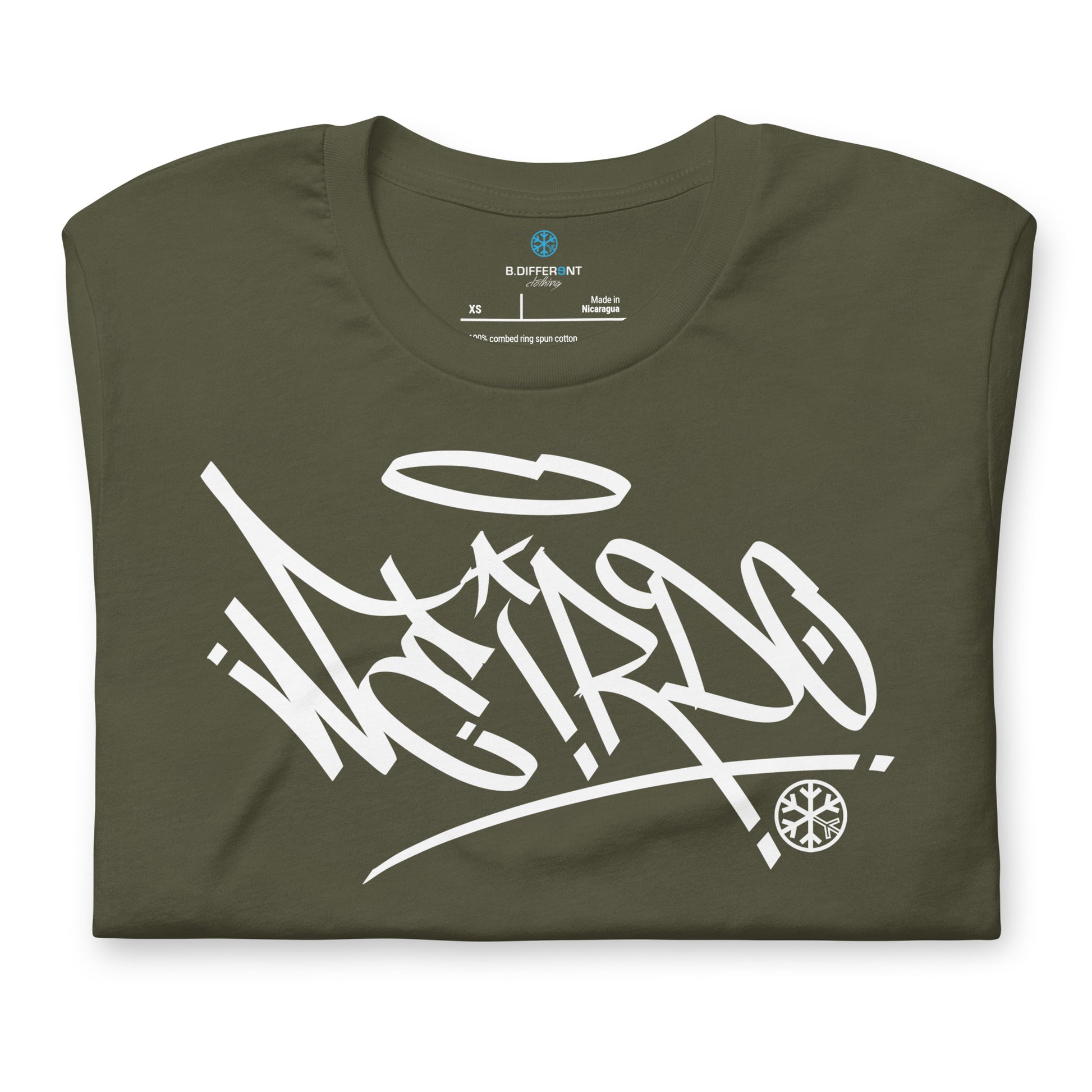 Green-Weirdo Tag Graffiti Tee from B.Different Clothing, folded, graffiti-inspired streetwear t-shirt