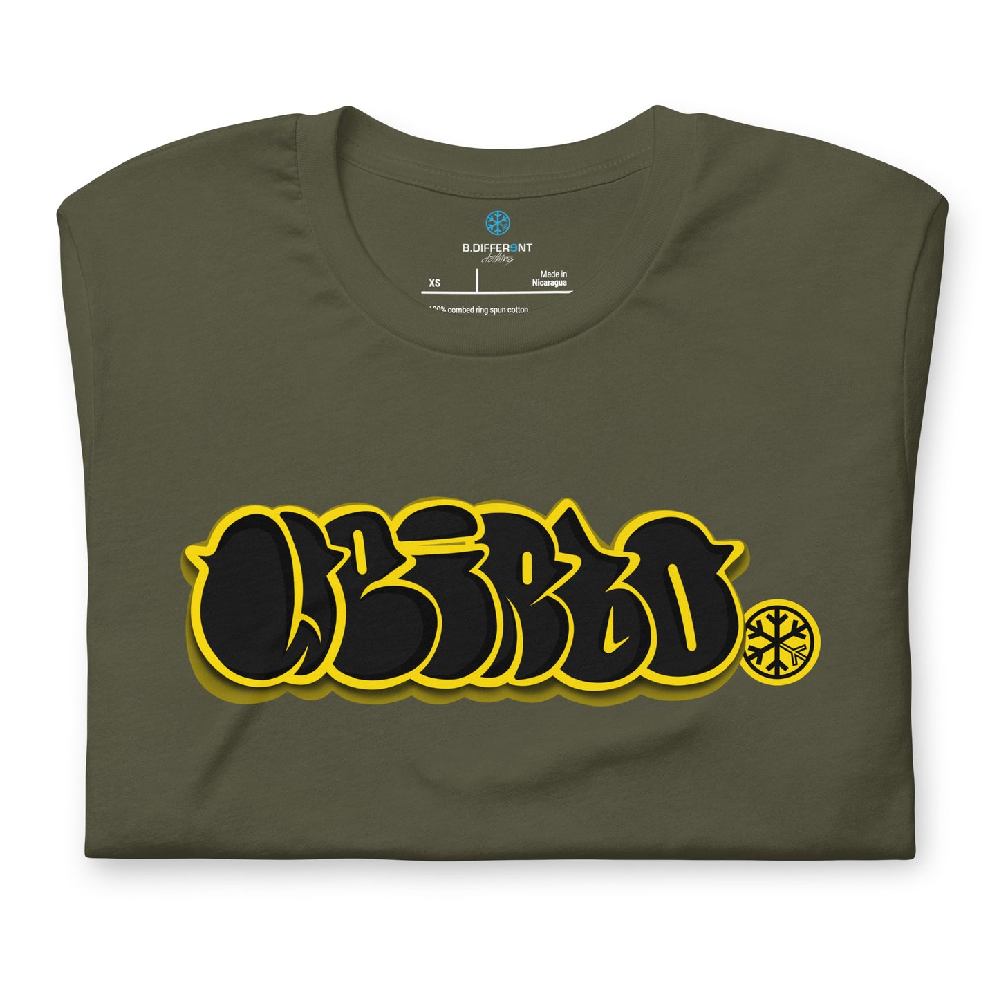 Green-Weirdo Graffiti Throwie Tee from B.Different Clothing, folded, graffiti-inspired streetwear t-shirt
