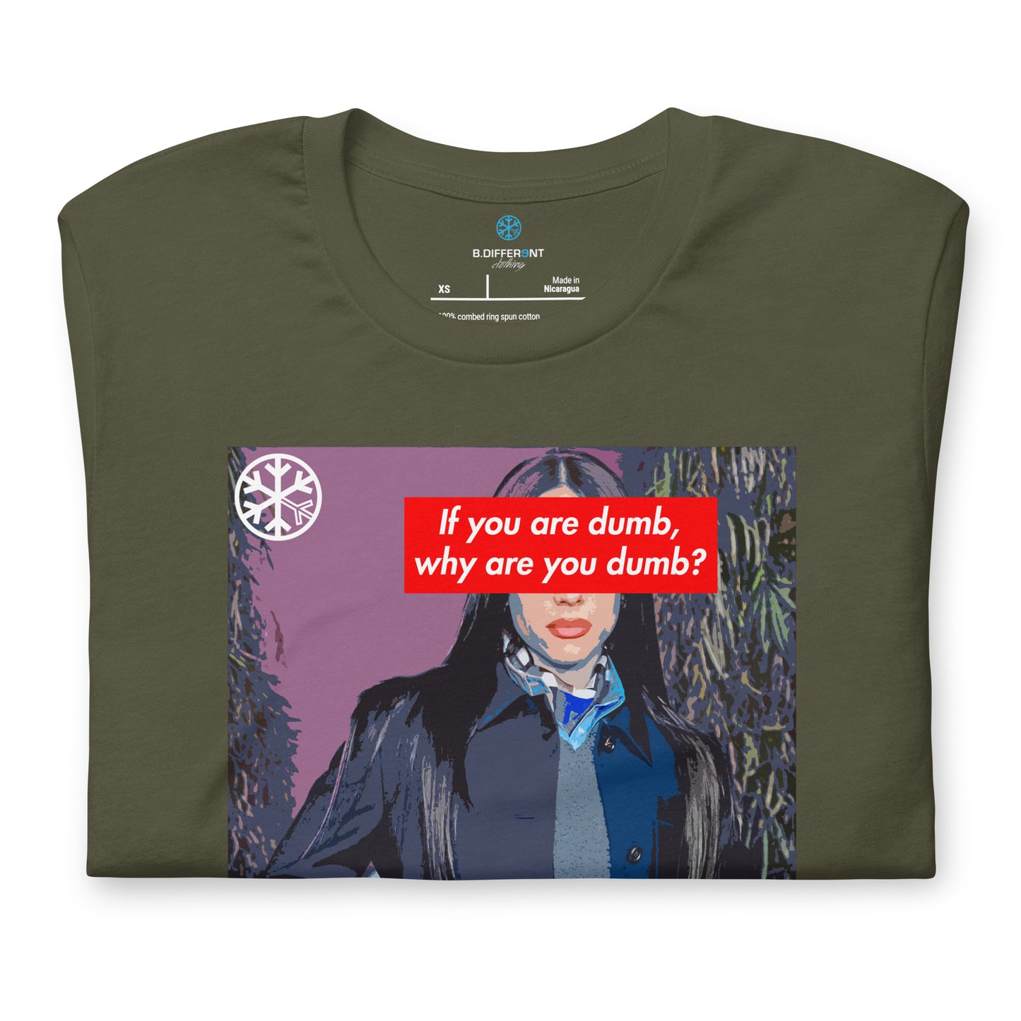 Green-Why Are You Dumb Tee from B.Different Clothing, folded, graffiti-inspired streetwear t-shirt