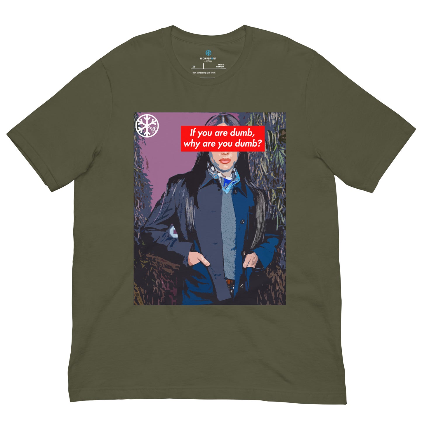 Green-Why Are You Dumb Tee from B.Different Clothing, front view, graffiti-inspired streetwear t-shirt