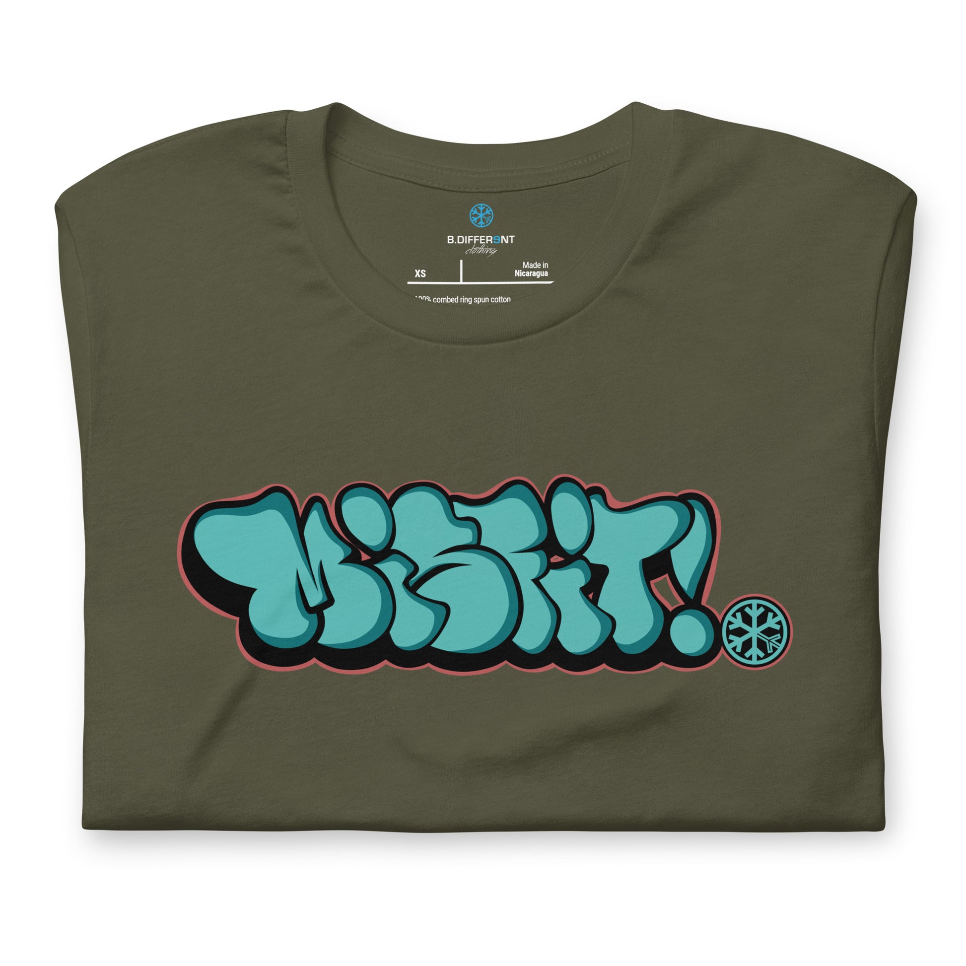 Green-Misfit Graffiti Throwie Tee from B.Different Clothing, folded, graffiti-inspired streetwear t-shirt