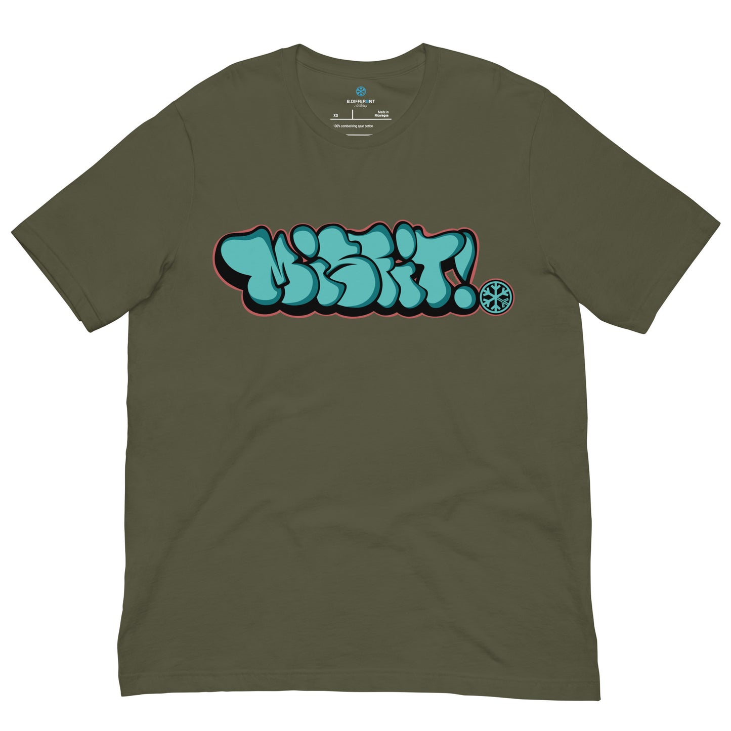 Green-Misfit Graffiti Throwie Tee from B.Different Clothing, front view, graffiti-inspired streetwear t-shirt