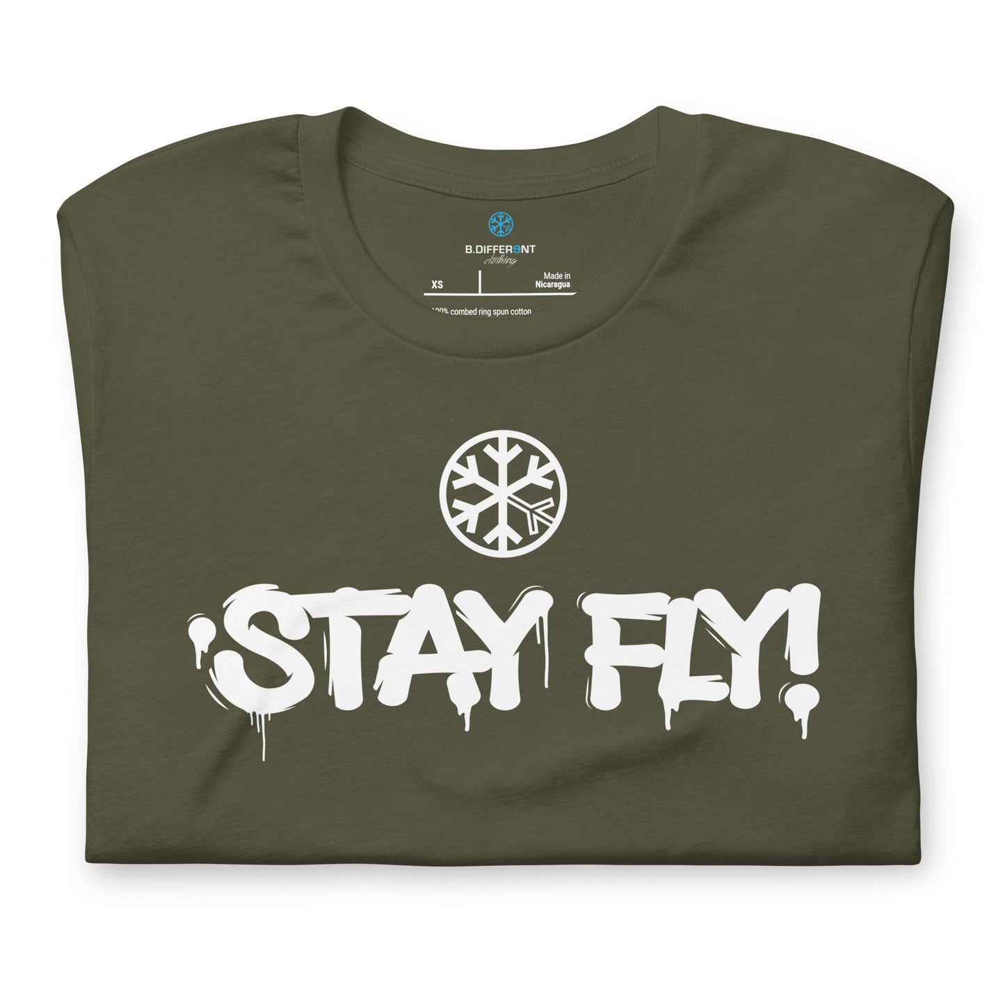Green-Stay Fly Graffiti Tag Tee from B.Different Clothing, folded, graffiti-inspired streetwear t-shirt