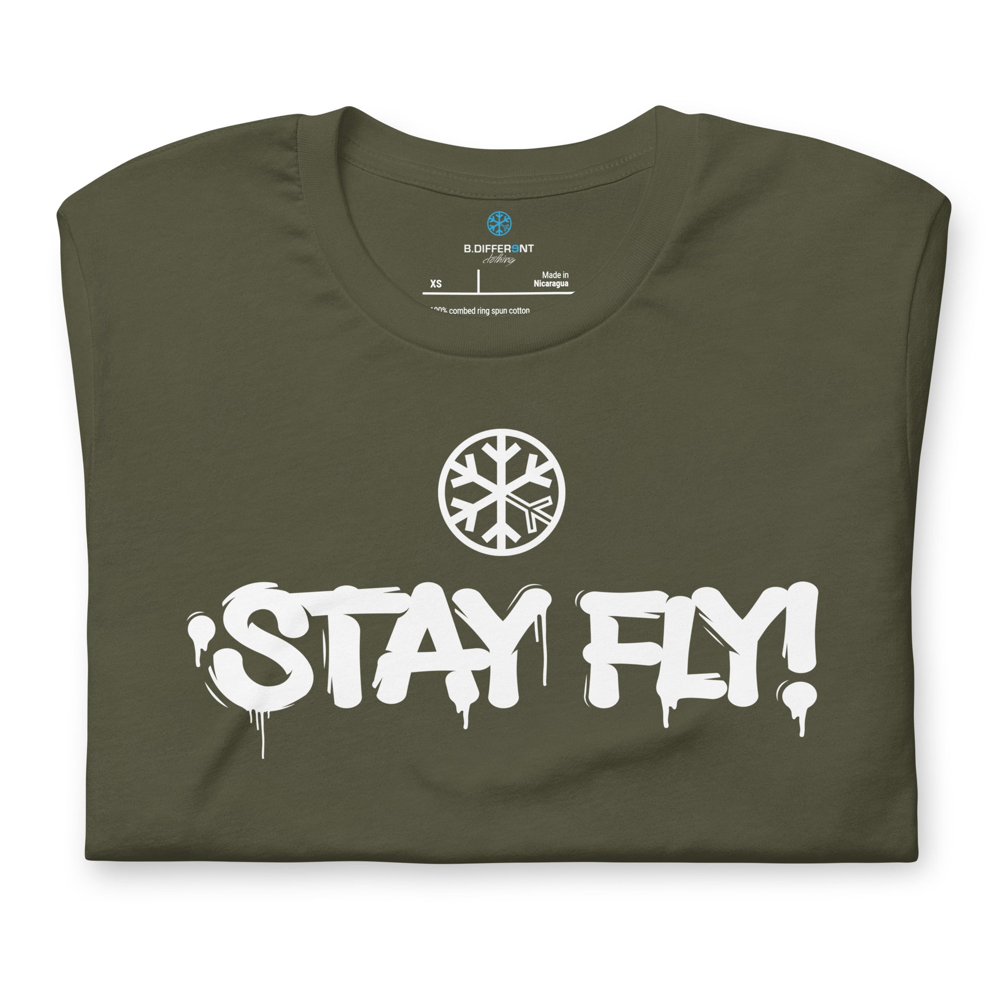 Green-Stay Fly Graffiti Tag Tee from B.Different Clothing, folded, graffiti-inspired streetwear t-shirt