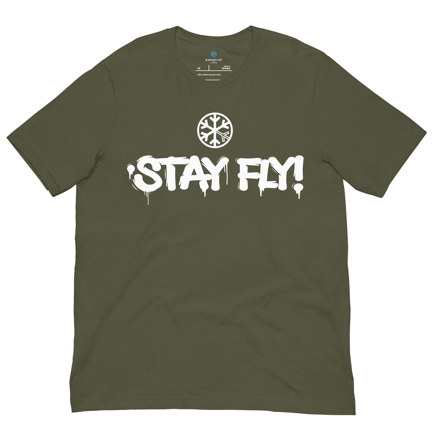 Green-Stay Fly Graffiti Tag Tee from B.Different Clothing, front view, graffiti-inspired streetwear t-shirt