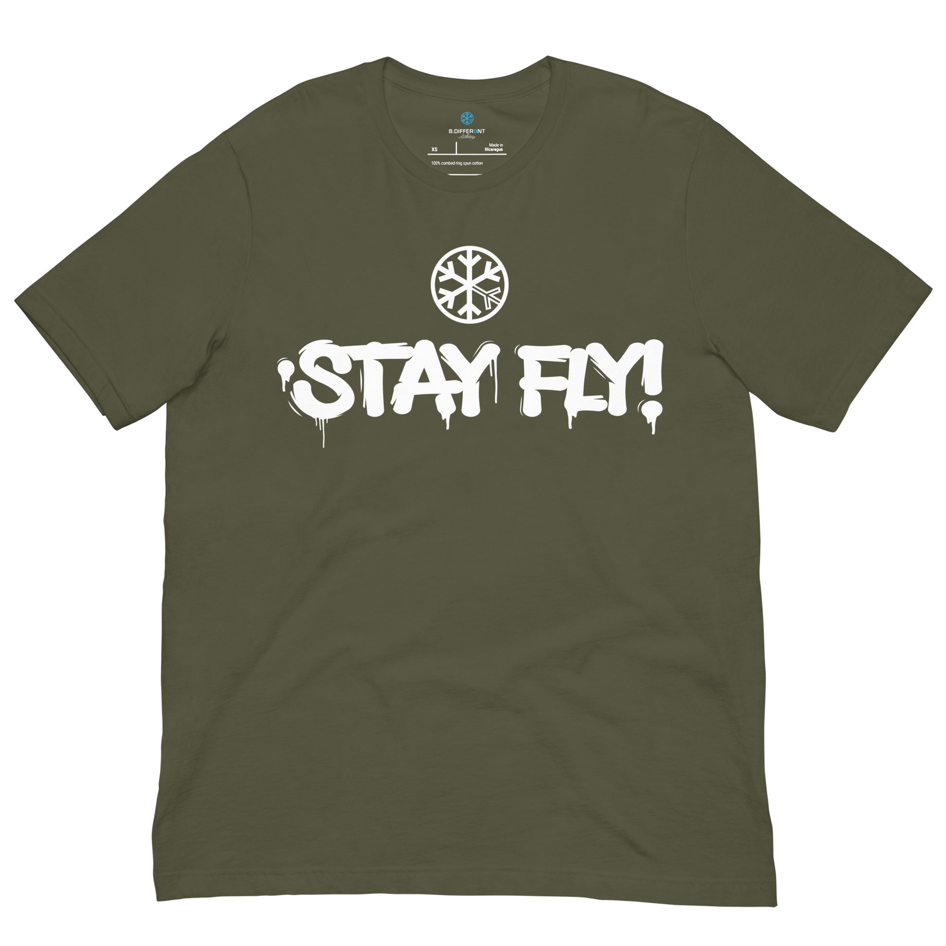 Green-Stay Fly Graffiti Tag Tee from B.Different Clothing, front view, graffiti-inspired streetwear t-shirt