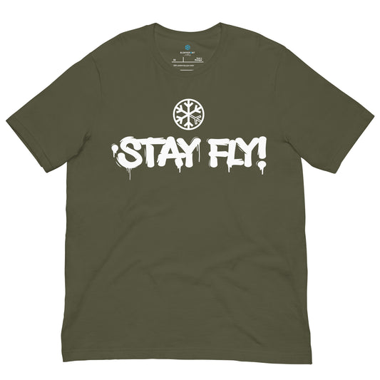 Green-Stay Fly Graffiti Tag Tee from B.Different Clothing, front view, graffiti-inspired streetwear t-shirt