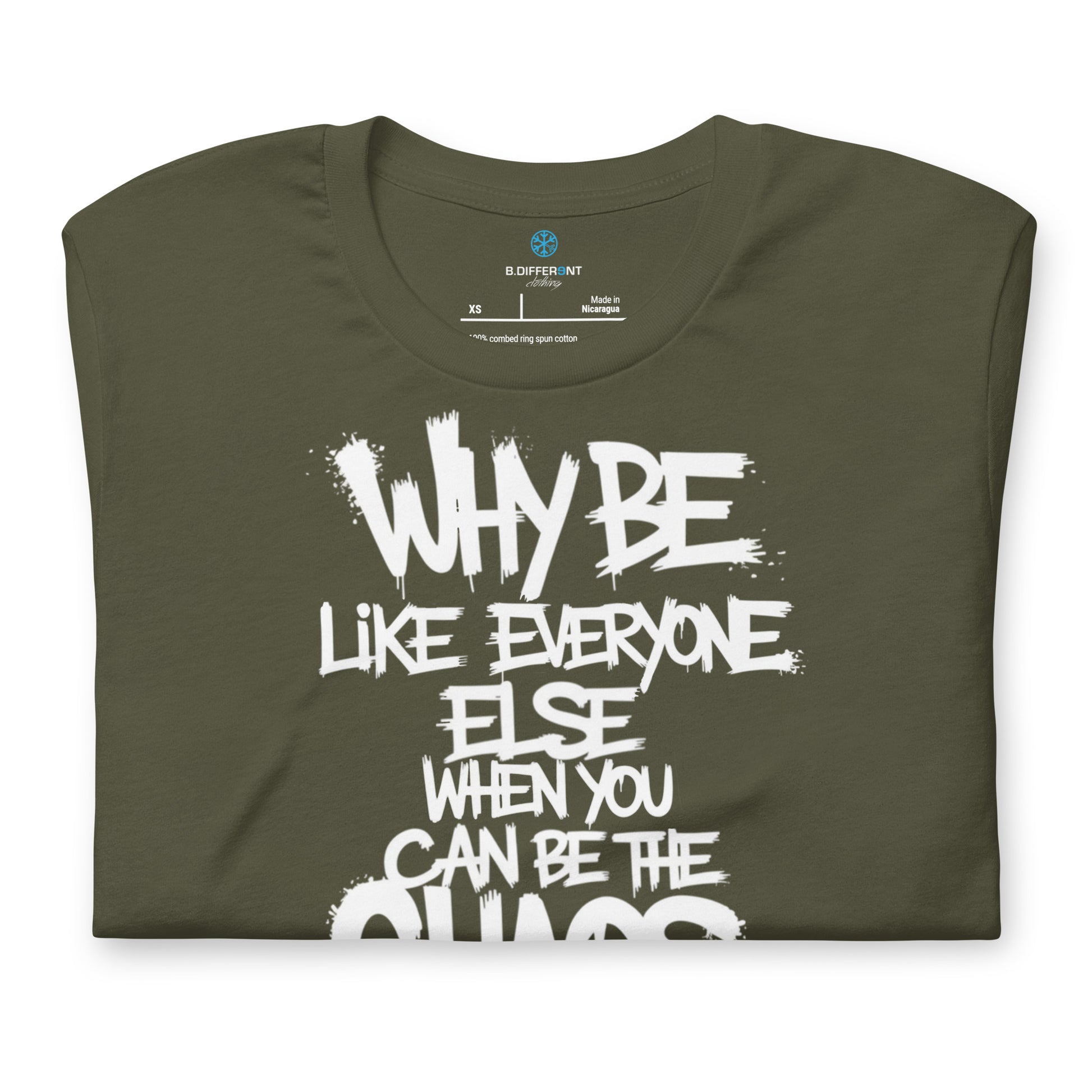 Green-Chaos They Fear Graffiti Tag Tee from B.Different Clothing, folded, graffiti-inspired streetwear t-shirt