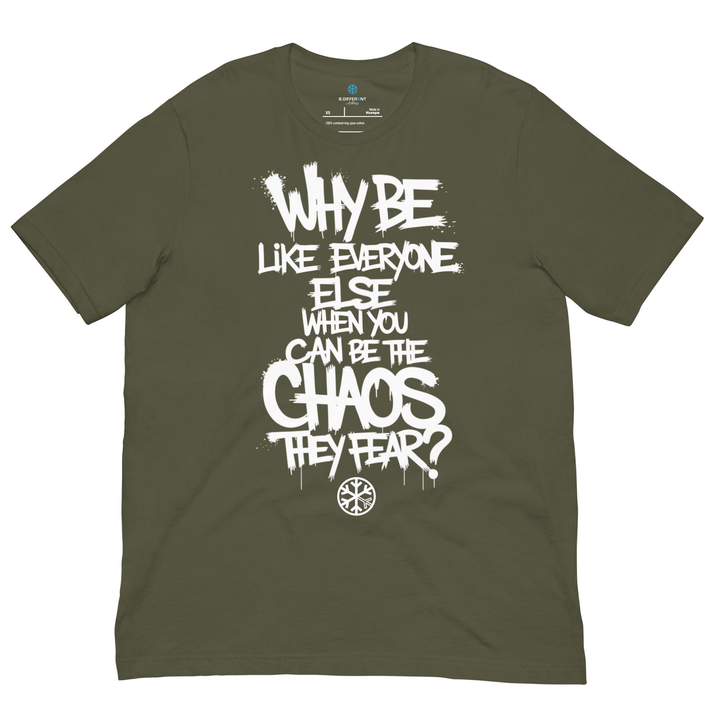 Green-Chaos They Fear Graffiti Tag Tee from B.Different Clothing, front view, graffiti-inspired streetwear t-shirt