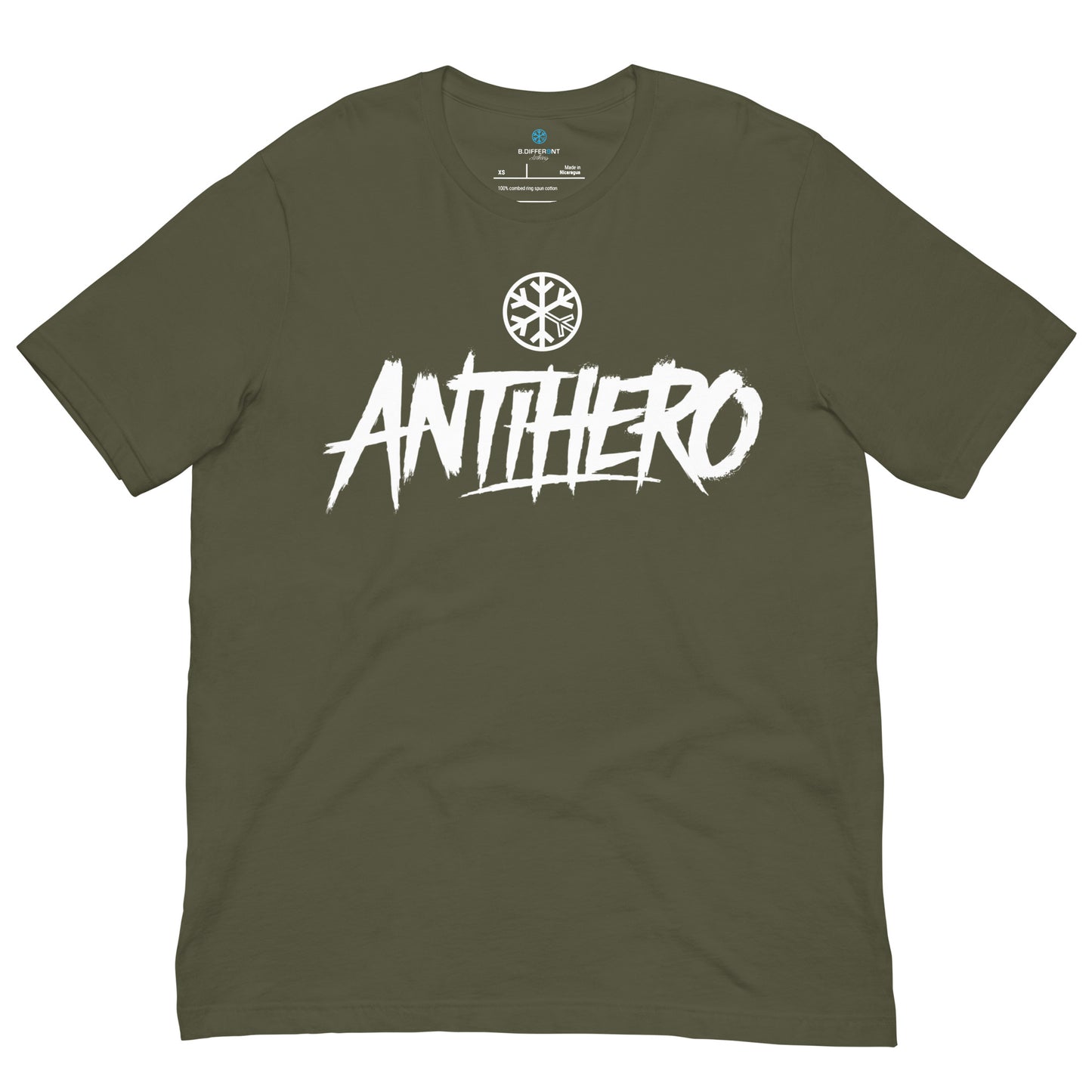 Green-Antihero Graffiti Tag Tee from B.Different Clothing, front view, graffiti-inspired streetwear t-shirt