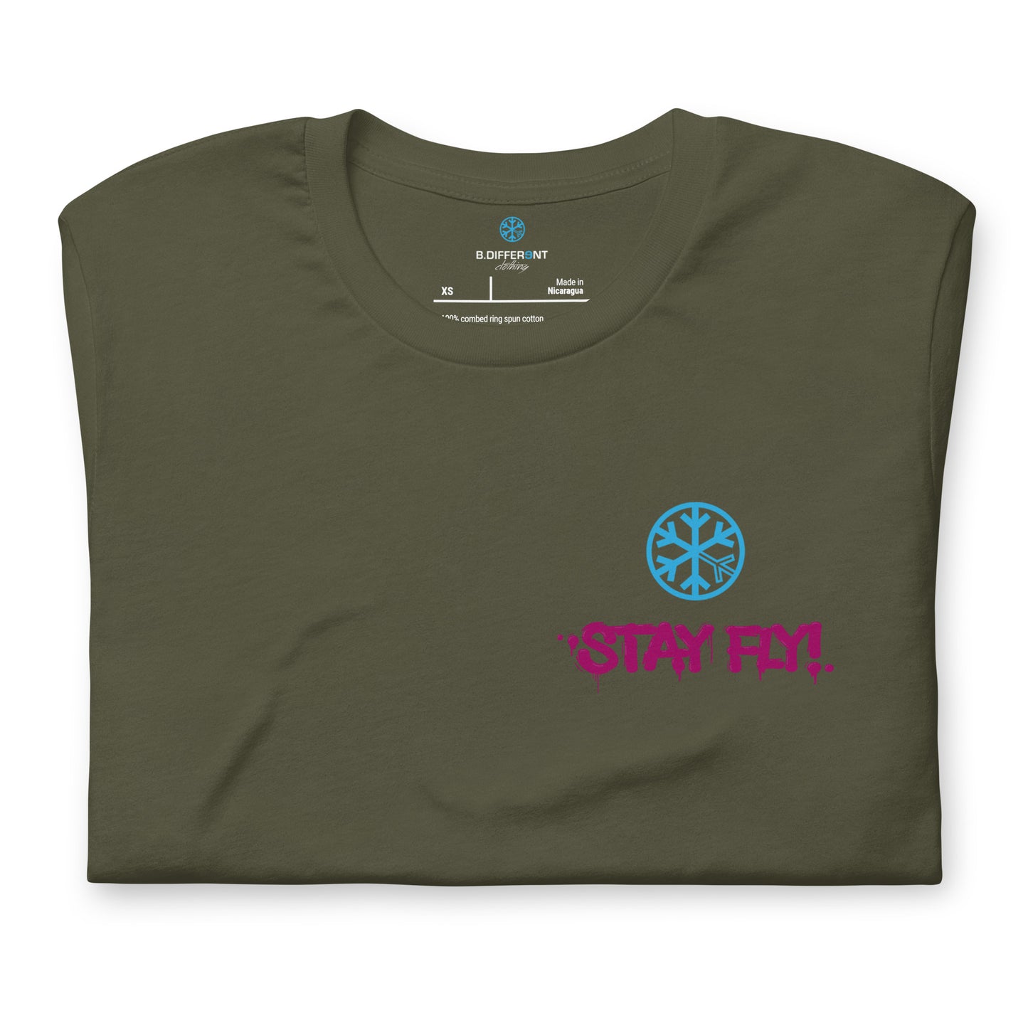 Green-Stay Fly Graffiti Character Tee from B.Different Clothing, folded, graffiti-inspired streetwear t-shirt