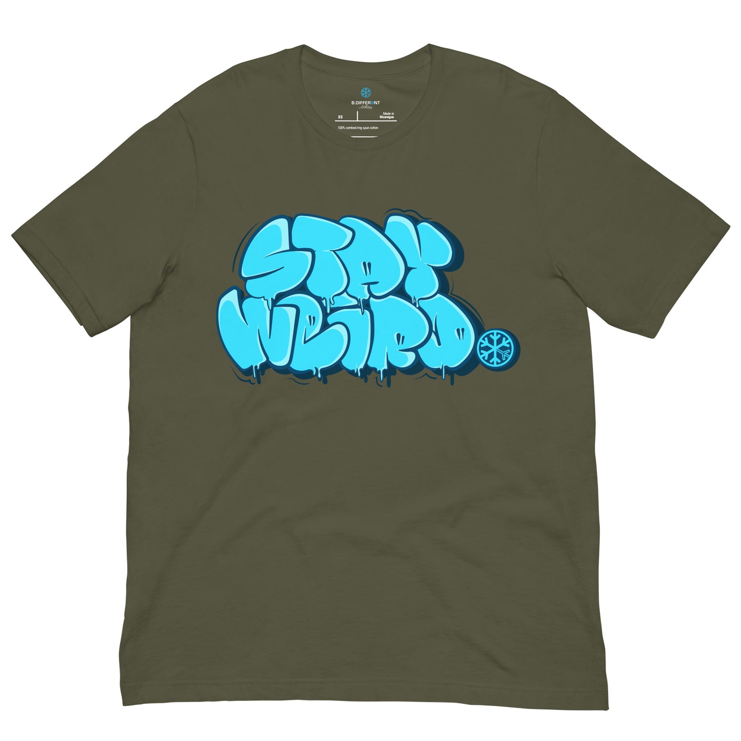 Green-Stay Weird Graffiti Throw-up Tee from B.Different Clothing, front view, graffiti-inspired streetwear t-shirt