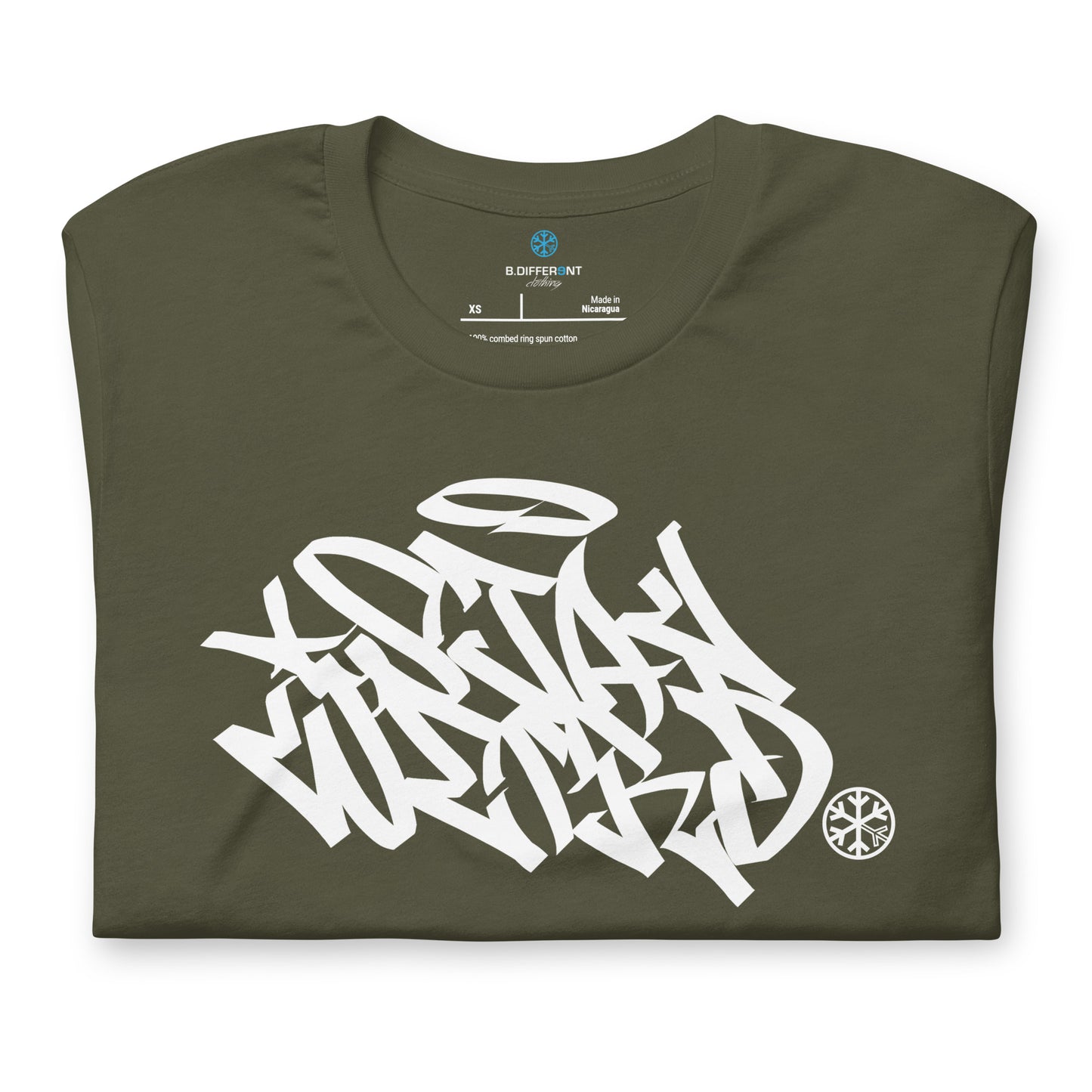 Green-Stay Weird Graffiti Tag Tee from B.Different Clothing, folded, graffiti-inspired streetwear t-shirt