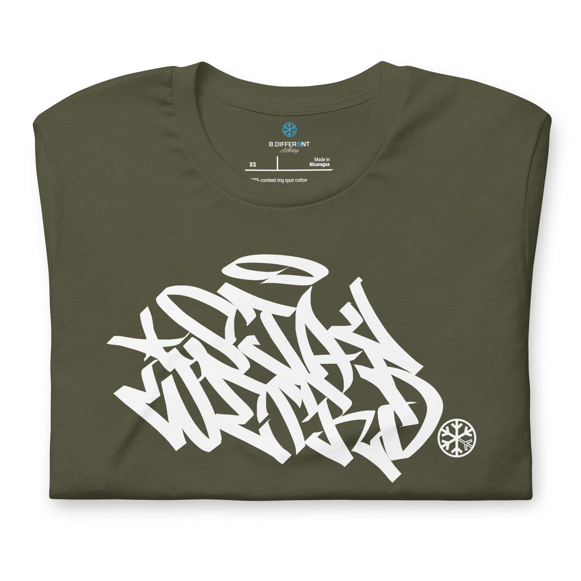Green-Stay Weird Graffiti Tag Tee from B.Different Clothing, folded, graffiti-inspired streetwear t-shirt