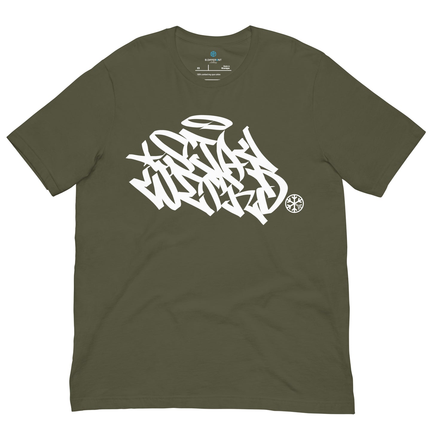 Green-Stay Weird Graffiti Tag Tee from B.Different Clothing, front view, graffiti-inspired streetwear t-shirt