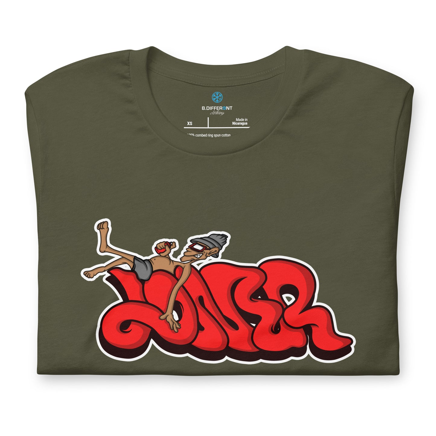 Green-Loner Graffiti Piece Tee from B.Different Clothing, folded, graffiti-inspired streetwear t-shirt