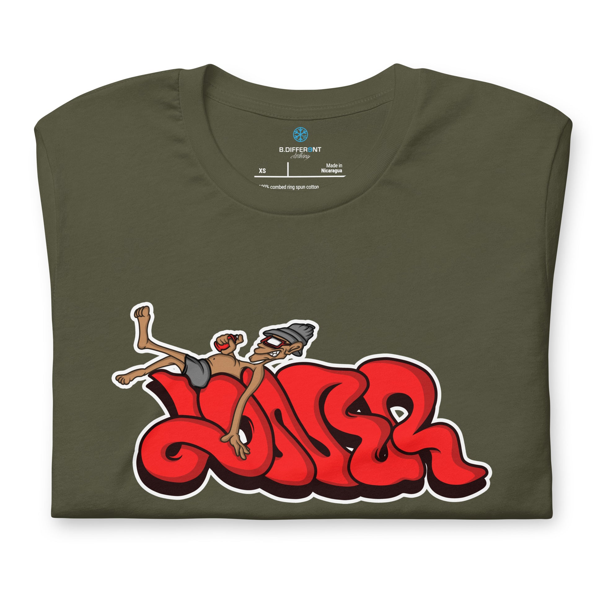 Green-Loner Graffiti Piece Tee from B.Different Clothing, folded, graffiti-inspired streetwear t-shirt