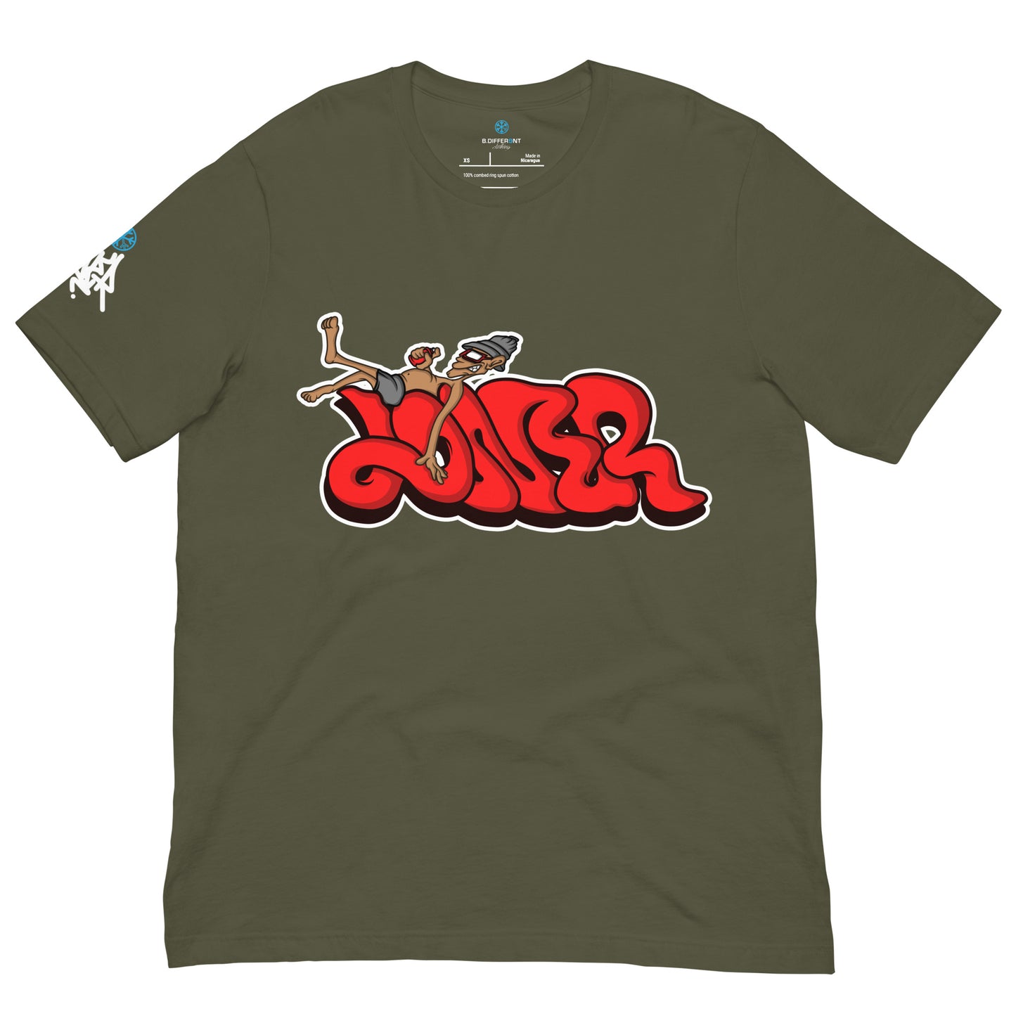 Green-Loner Graffiti Piece Tee from B.Different Clothing, front view, graffiti-inspired streetwear t-shirt