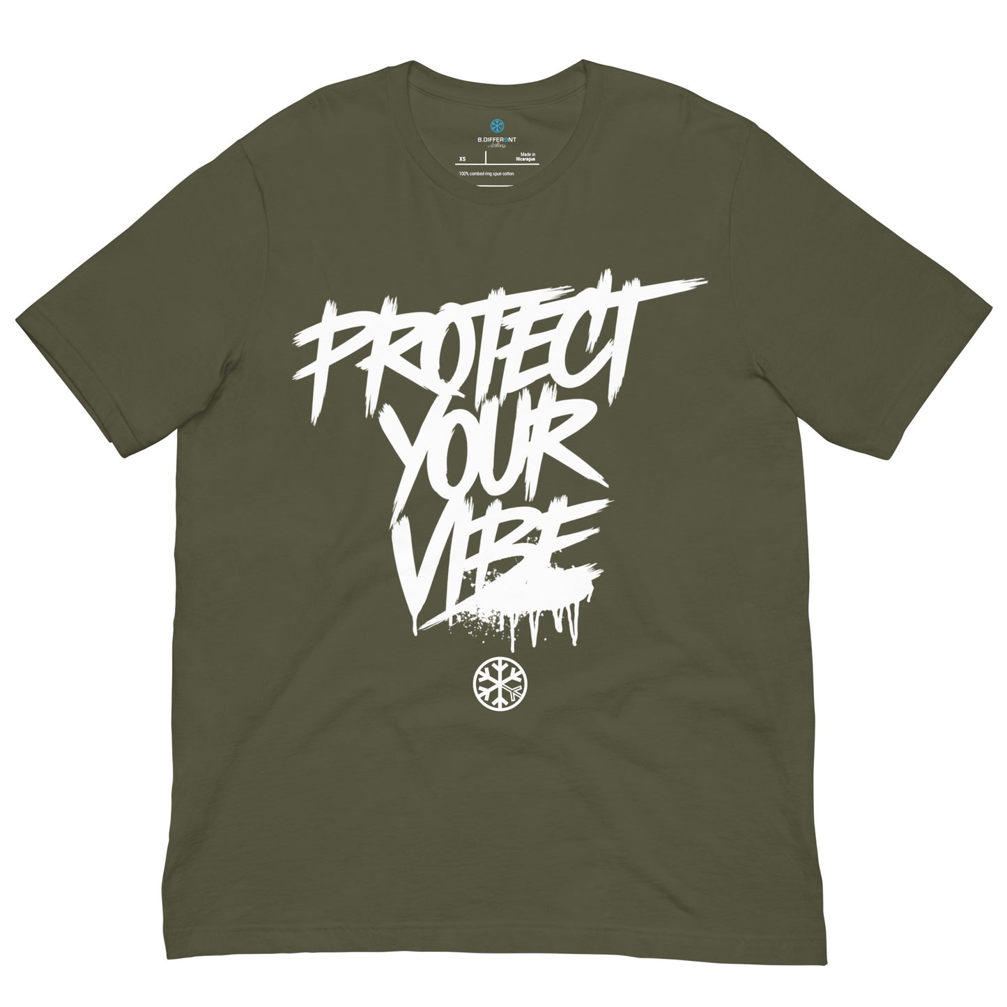 Green-Protect Your Vibe Graffiti Tag Tee from B.Different Clothing, front view, graffiti-inspired streetwear t-shirt