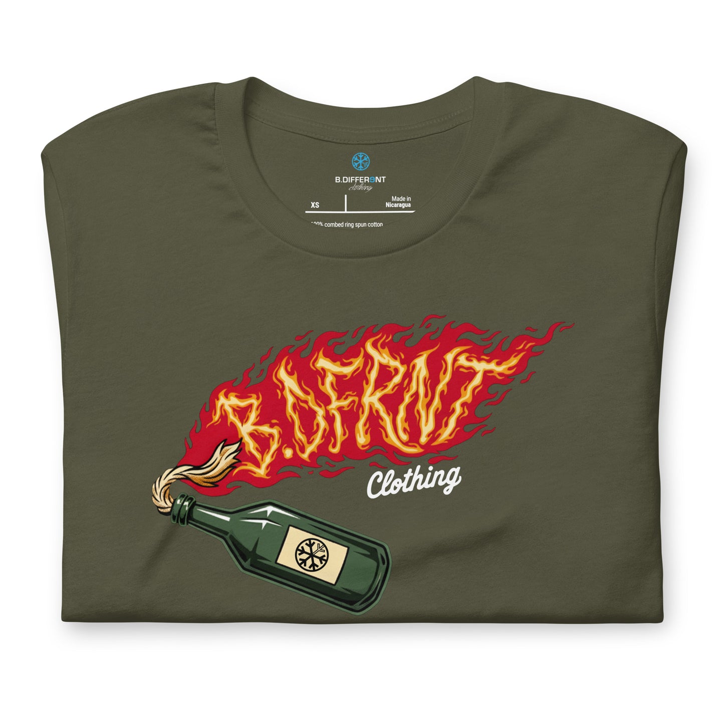 Green-Molotov Graffiti Tee from B.Different Clothing, folded, graffiti-inspired streetwear t-shirt
