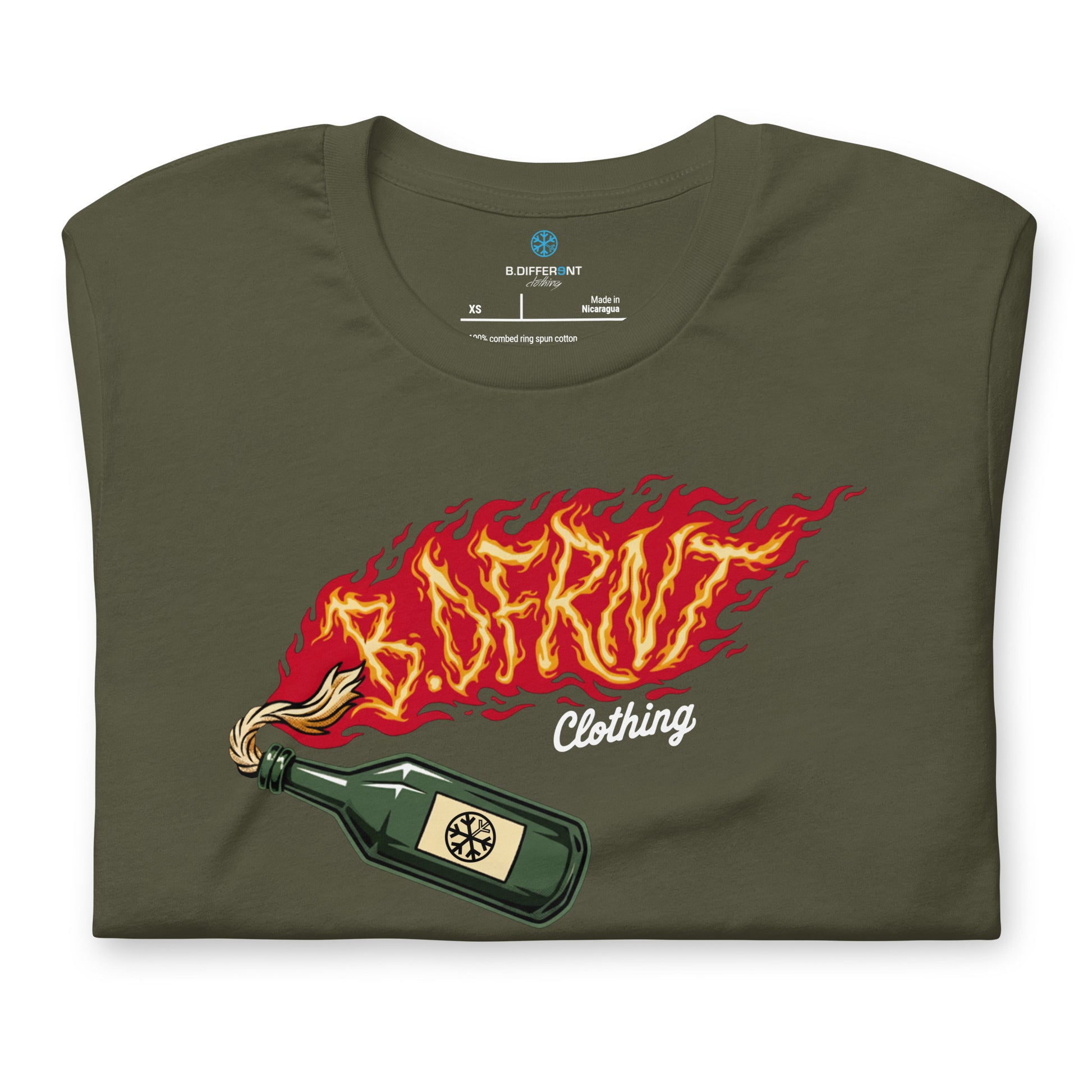 Green-Molotov Graffiti Tee from B.Different Clothing, folded, graffiti-inspired streetwear t-shirt