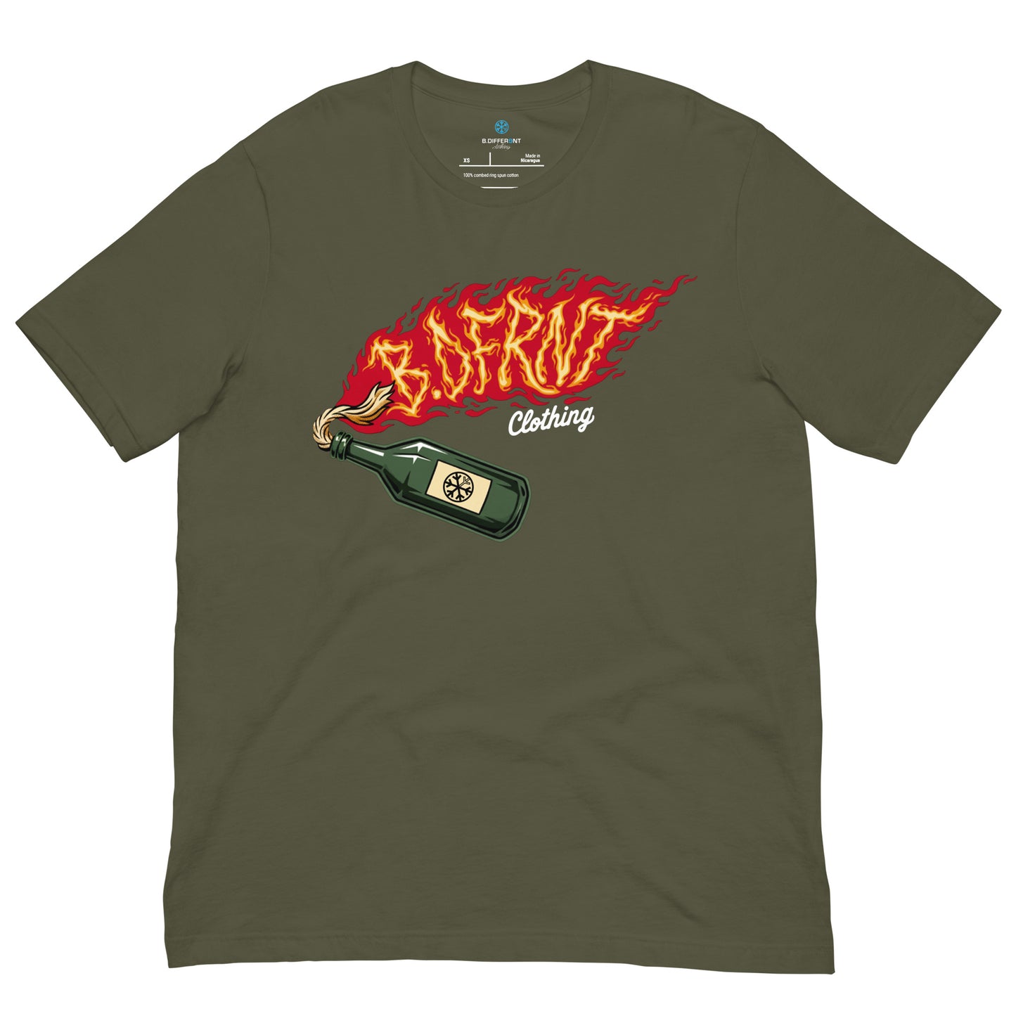 Green-Molotov Graffiti Tee from B.Different Clothing, front view, graffiti-inspired streetwear t-shirt