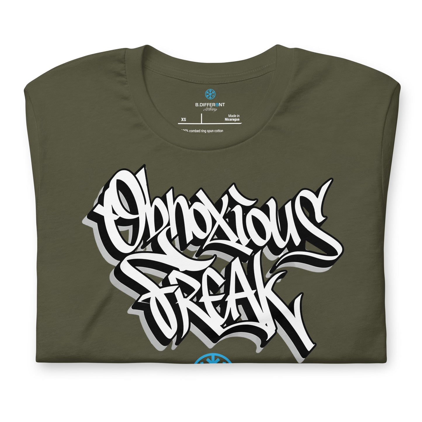 Green-Obnoxious Freak Graffiti Tee from B.Different Clothing, folded, graffiti-inspired streetwear t-shirt