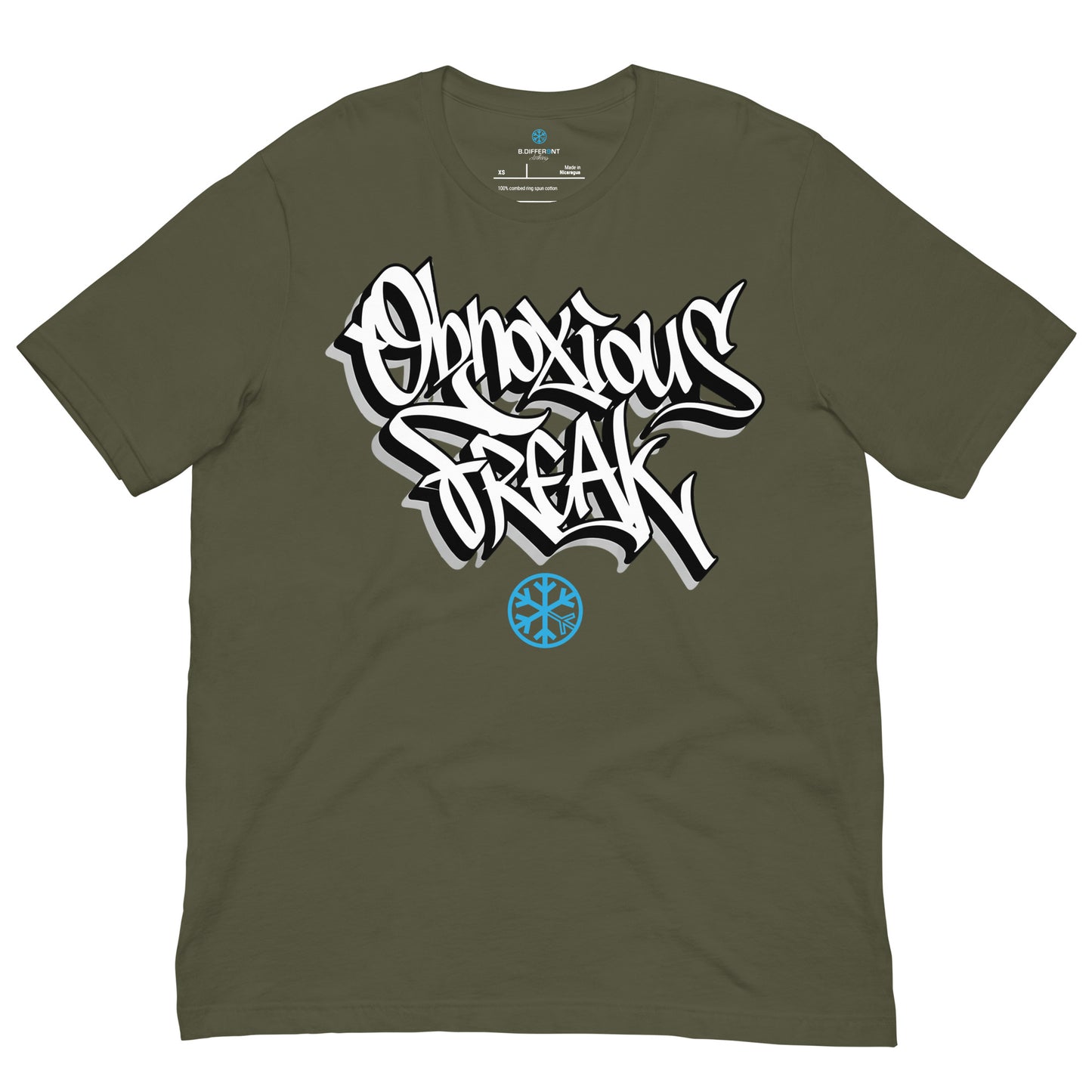Green-Obnoxious Freak Graffiti Tee from B.Different Clothing, front view, graffiti-inspired streetwear t-shirt