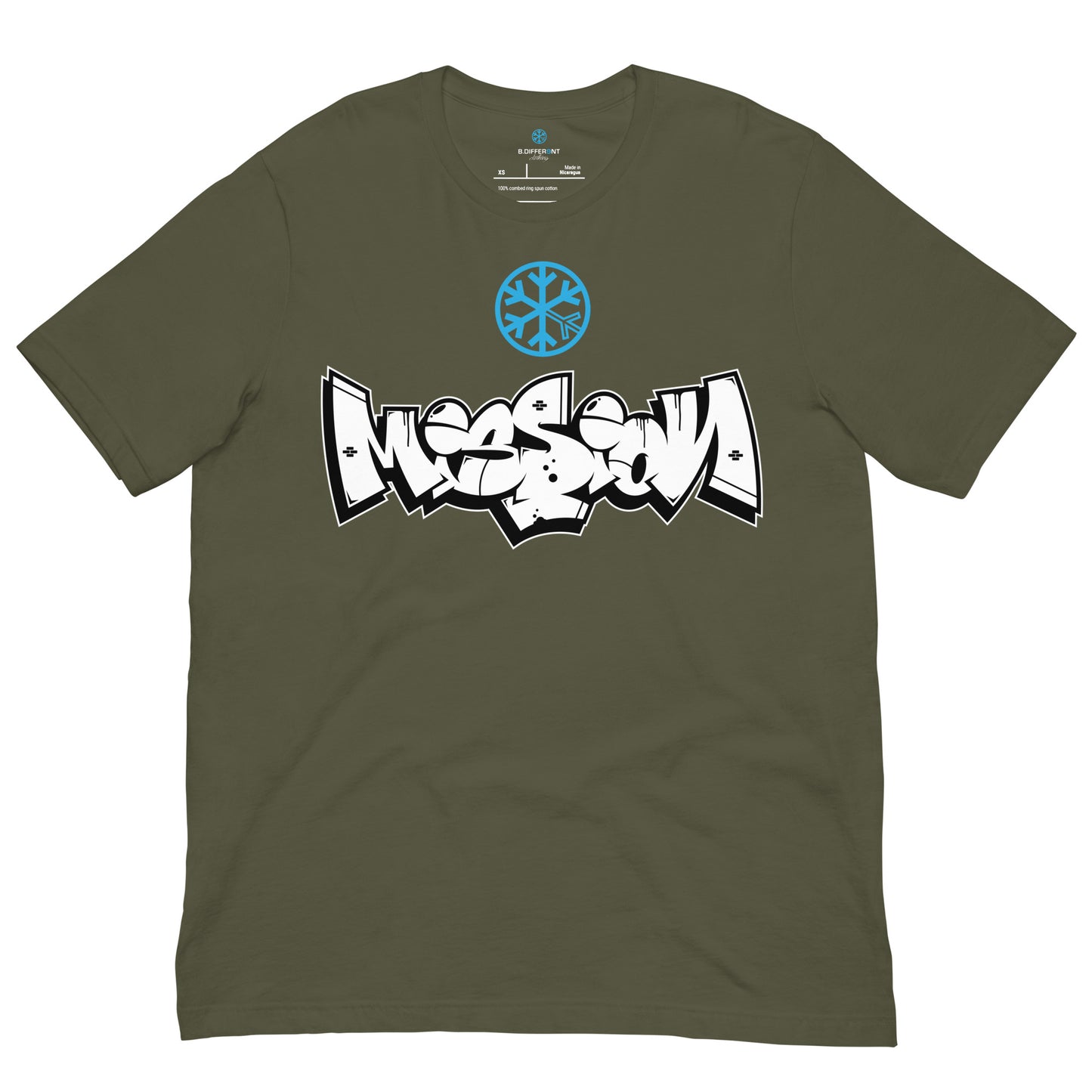 Green-Mission Graffiti Piece Tee from B.Different Clothing, front view, graffiti-inspired streetwear t-shirt