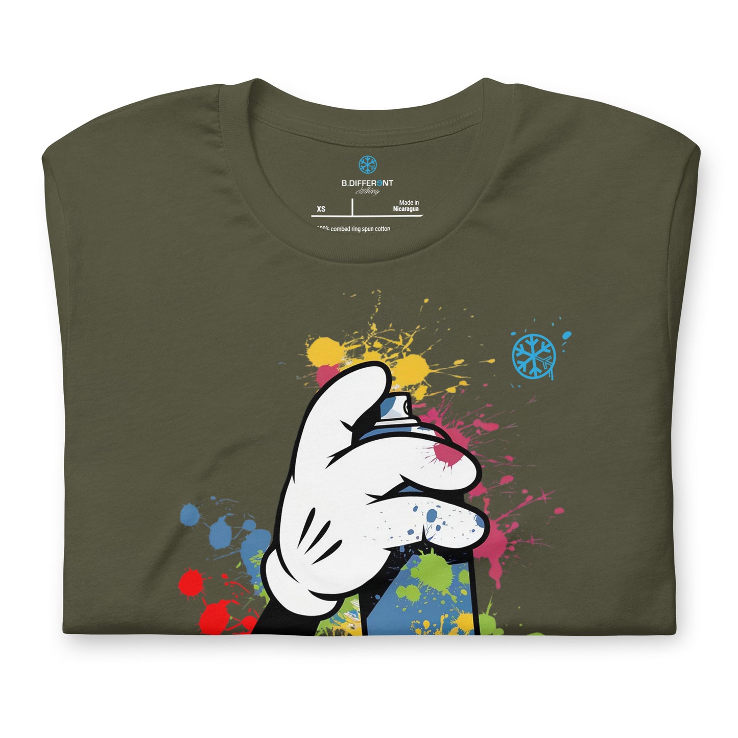 Green-Hand Spray Can Graffiti Tee from B.Different Clothing, folded, graffiti-inspired streetwear t-shirt