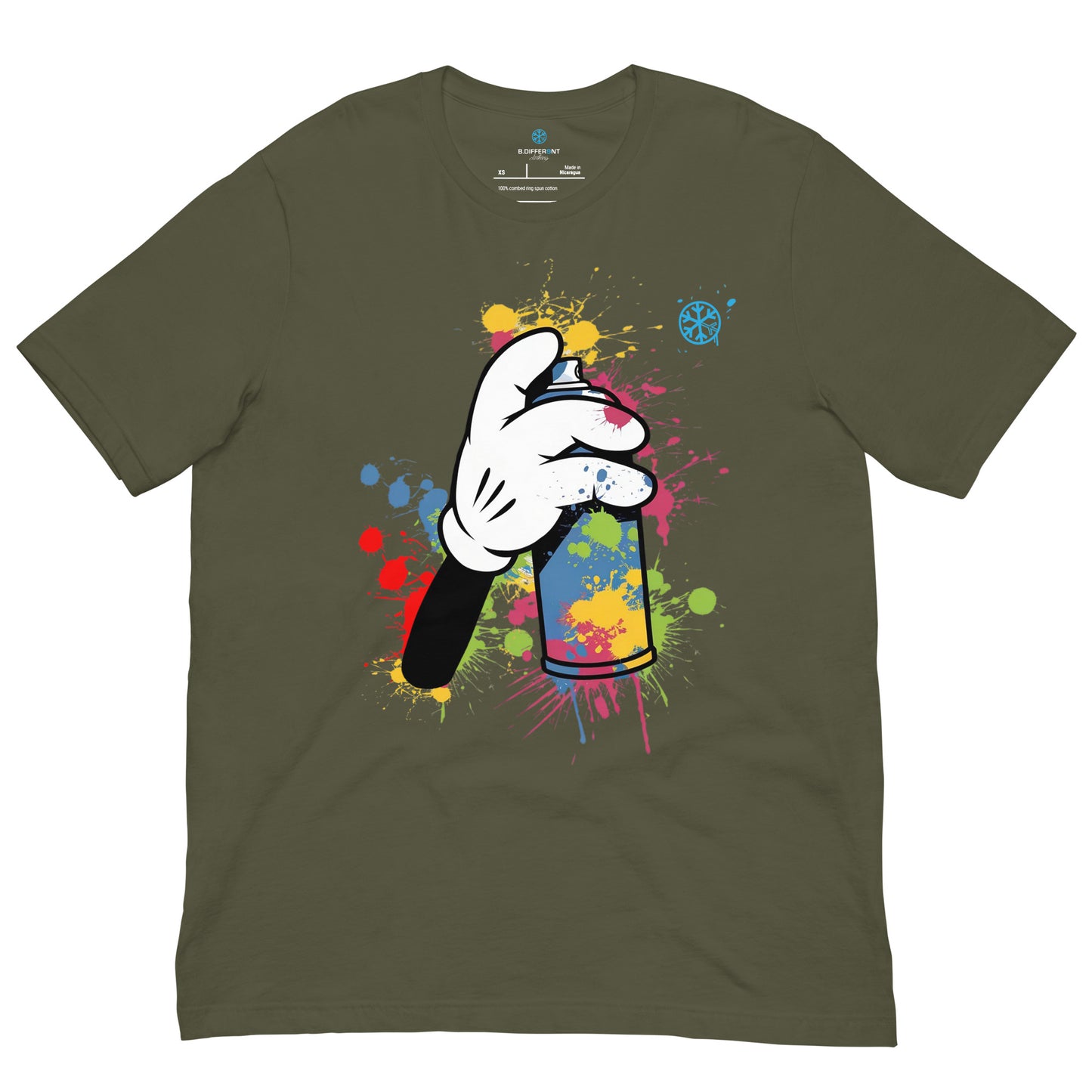 Green-Hand Spray Can Graffiti Tee from B.Different Clothing, front view, graffiti-inspired streetwear t-shirt