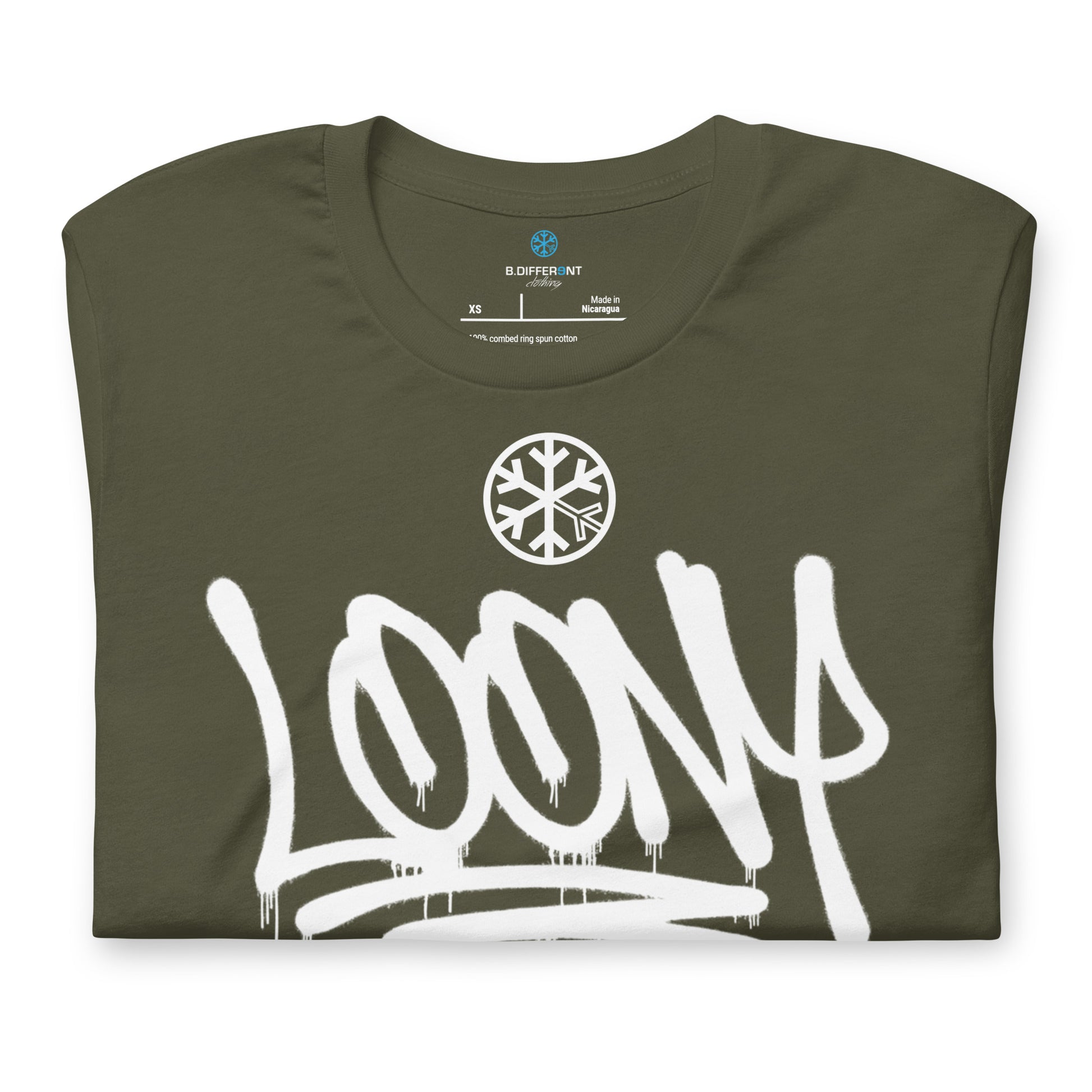 Green-Loony Graffiti Tag Tee from B.Different Clothing, folded, graffiti-inspired streetwear t-shirt