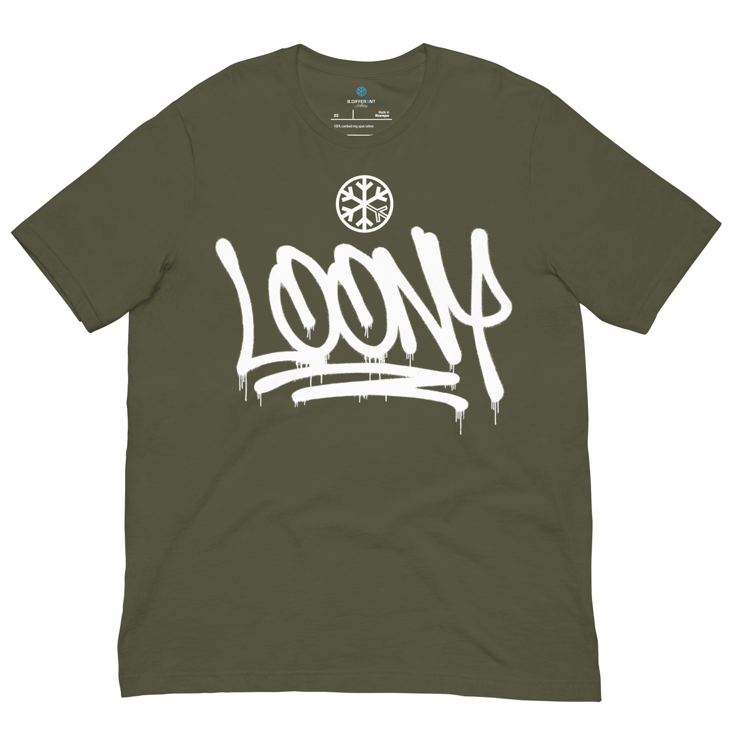 Green-Loony Graffiti Tag Tee from B.Different Clothing, front view, graffiti-inspired streetwear t-shirt