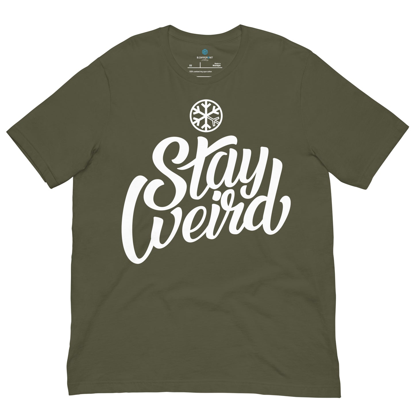 Green-Stay Weird Tee from B.Different Clothing, front view, graffiti-inspired streetwear t-shirt