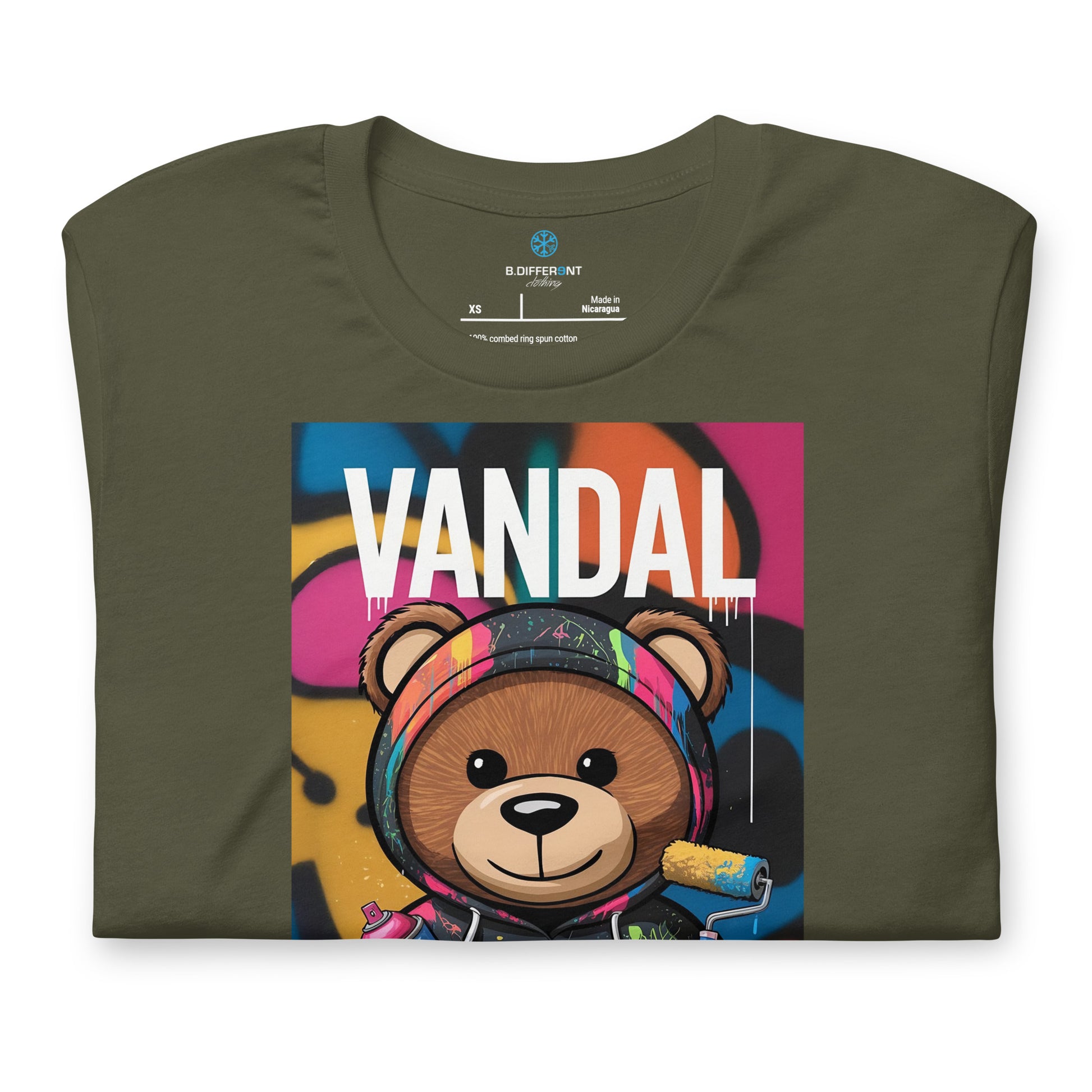Green-Vandal Teddy Bear Graffiti Tee from B.Different Clothing, folded, graffiti-inspired streetwear