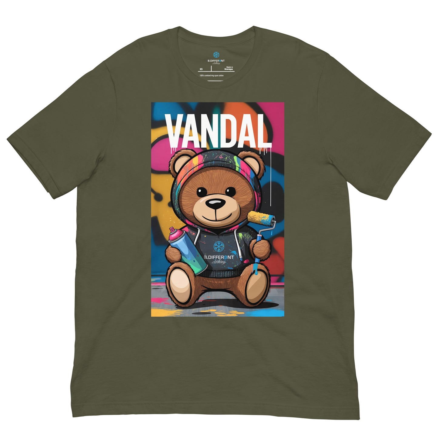 Green-Vandal Teddy Bear Graffiti Tee from B.Different Clothing, front view, graffiti-inspired streetwear