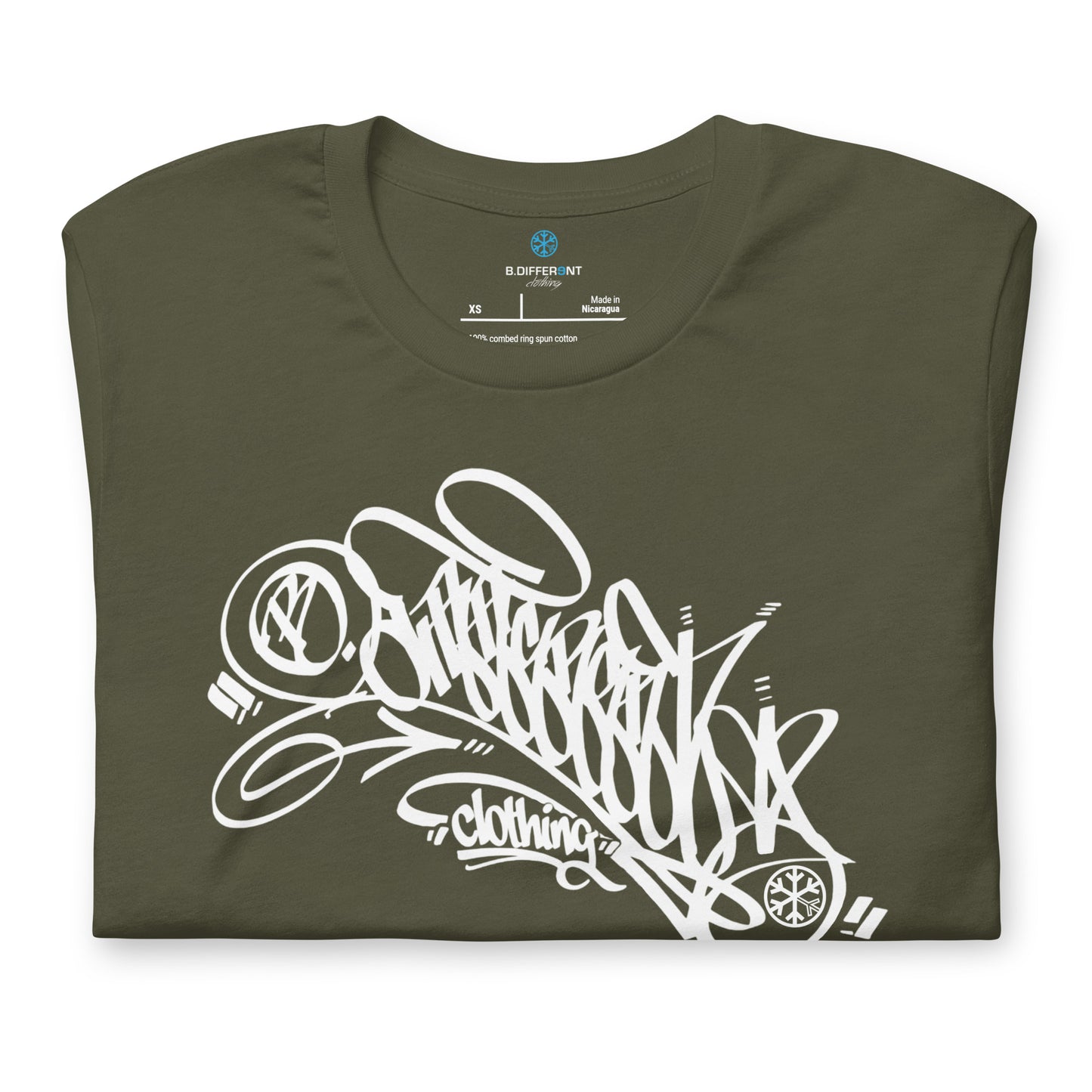 Green-B.Different Clothing Graffiti Tag Tee from B.Different Clothing, folded, graffiti-inspired streetwear t-shirt