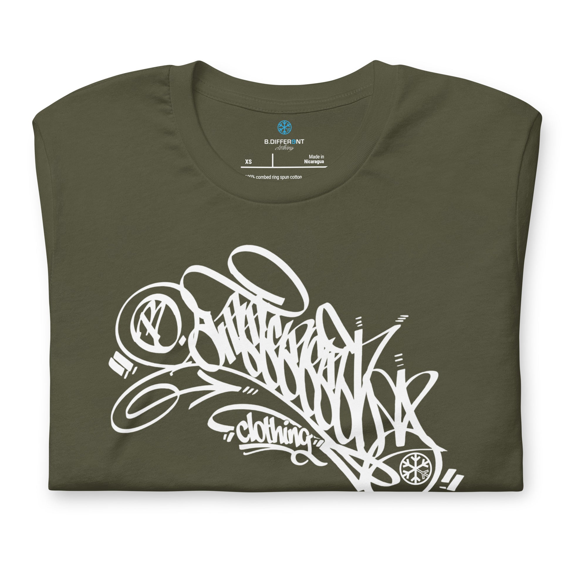 Green-B.Different Clothing Graffiti Tag Tee from B.Different Clothing, folded, graffiti-inspired streetwear t-shirt