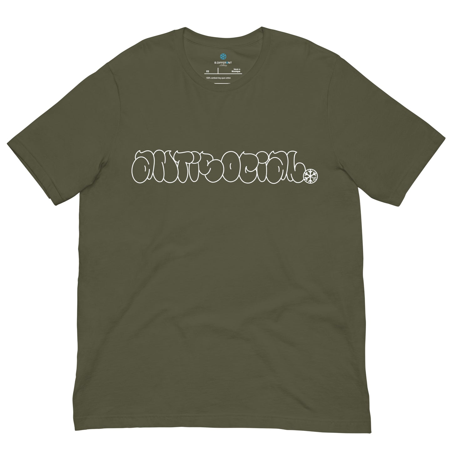 Green-Antisocial Graffiti Hollow Tee from B.Different Clothing, front view, graffiti-inspired streetwear t-shirt