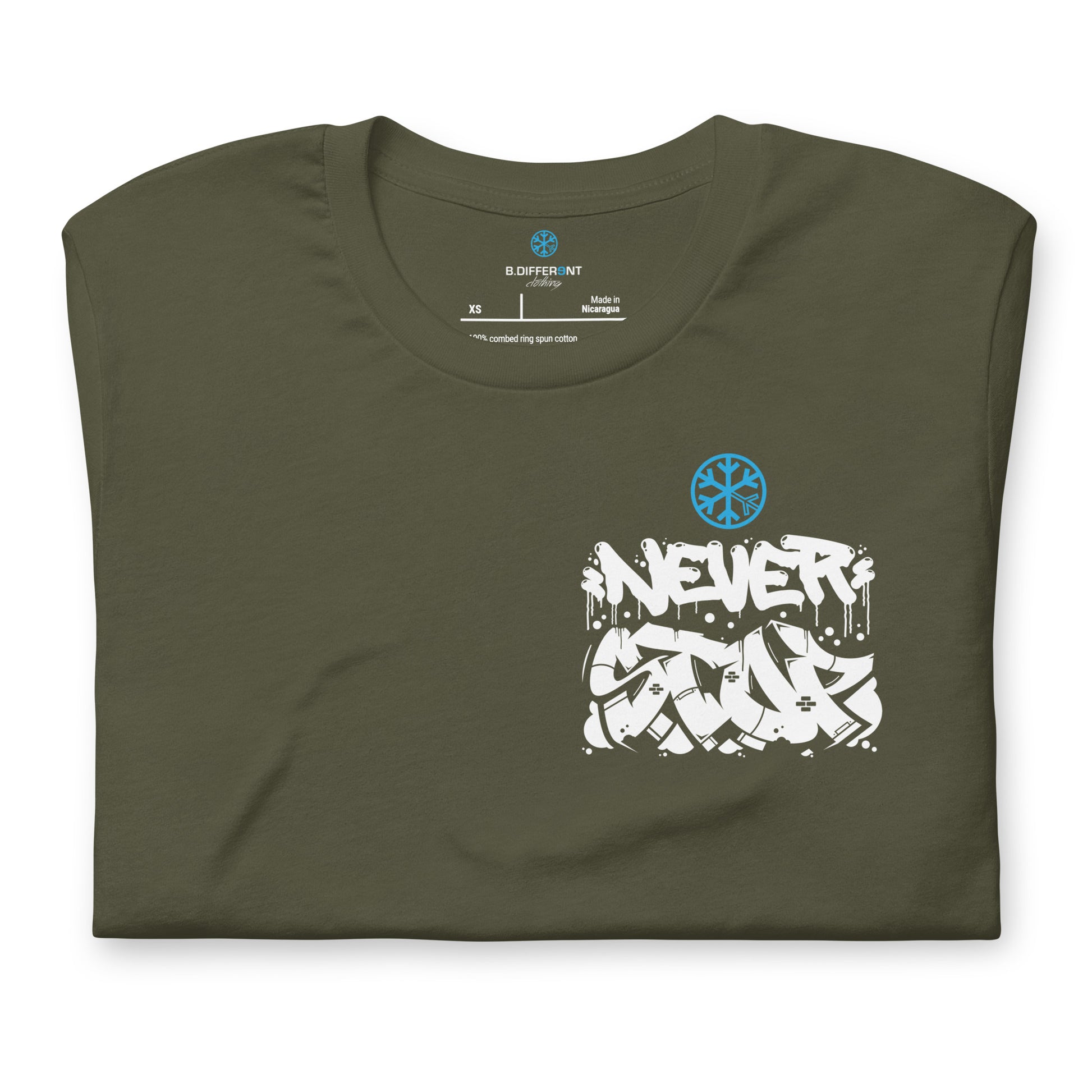 Green-Never Stop Graffiti Character Tee from B.Different Clothing, folded, graffiti-inspired streetwear t-shirt