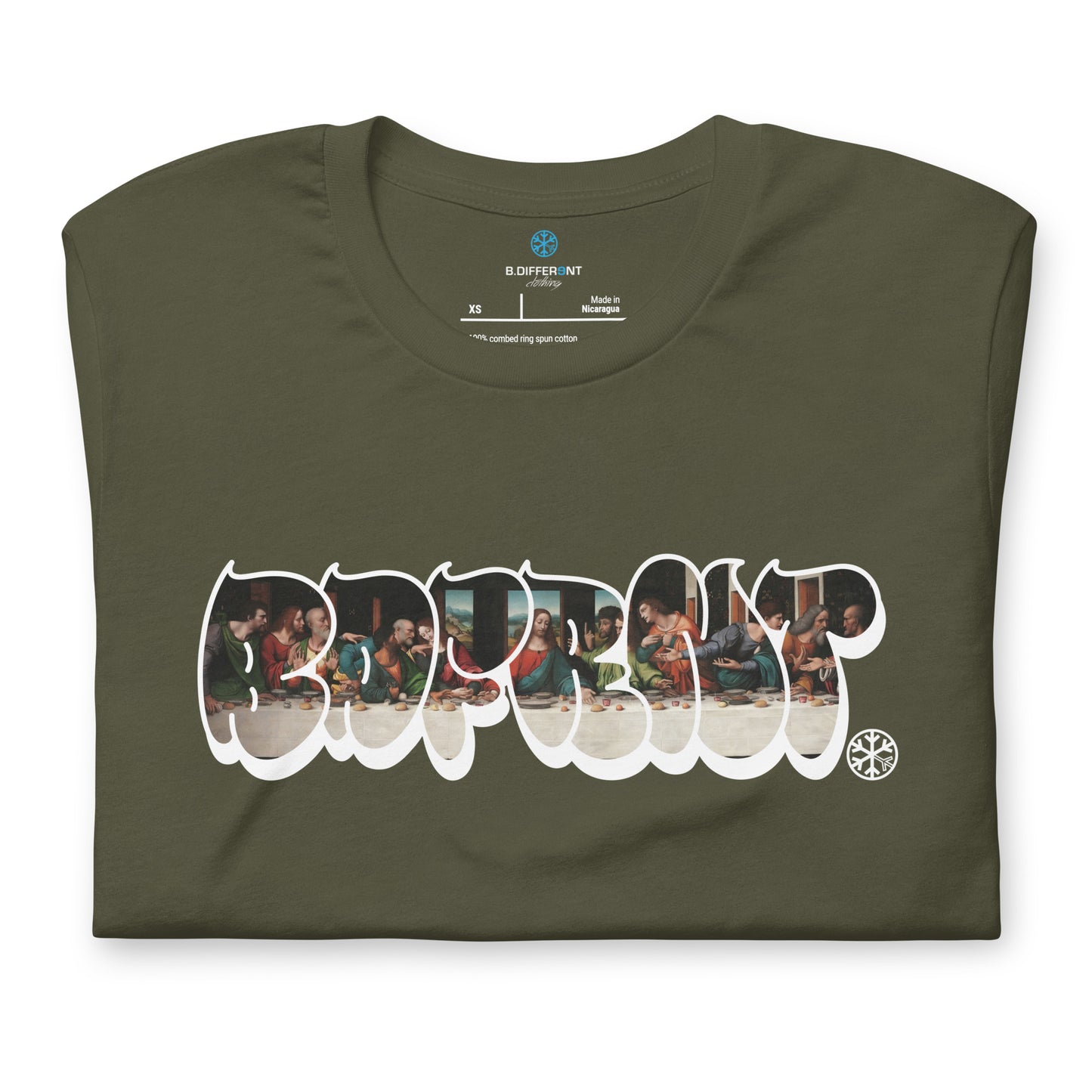 Green-BDFRNT Throwie x Last Supper Graffiti Tee from B.Different Clothing, folded, graffiti-inspired streetwear t-shirt