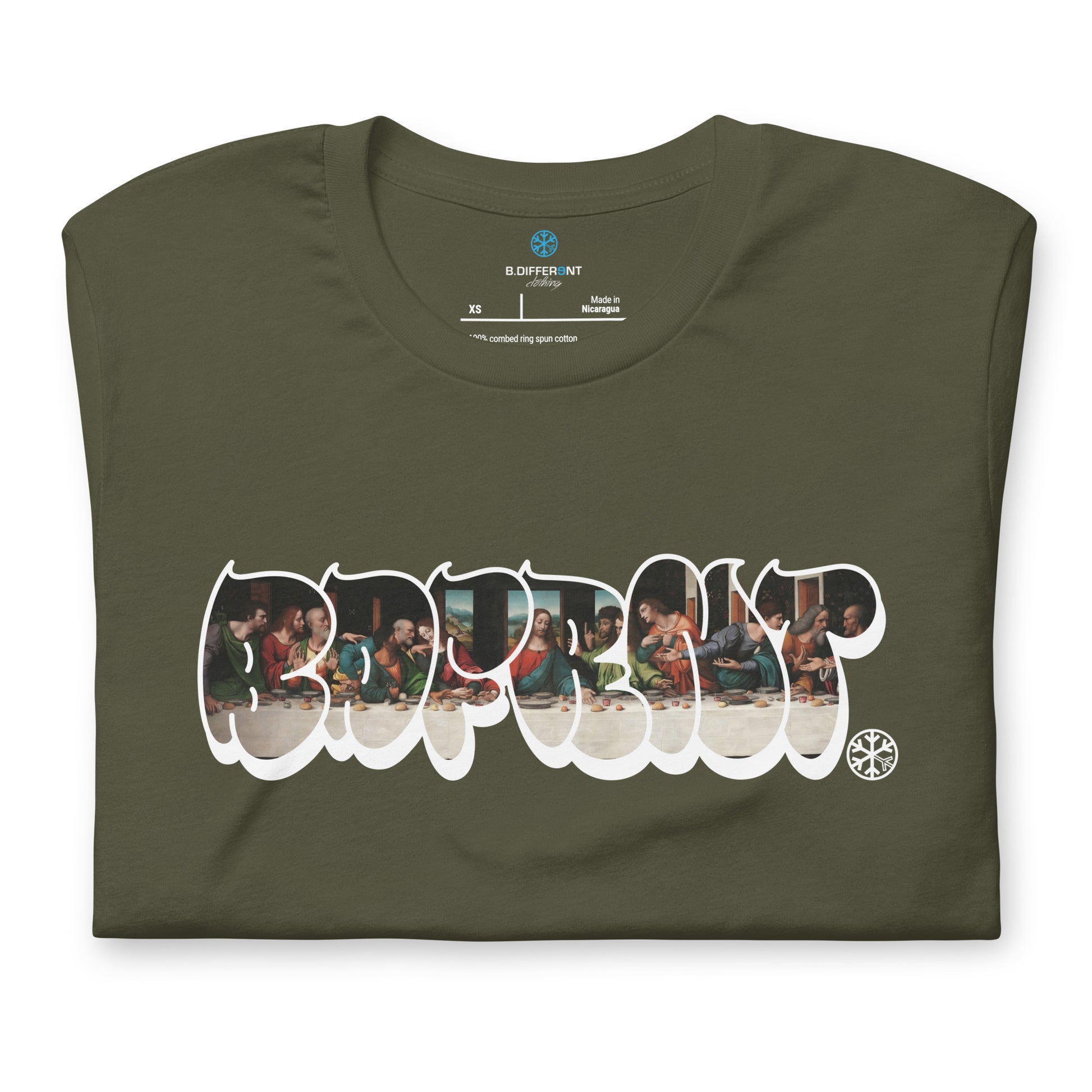 Green-BDFRNT Throwie x Last Supper Graffiti Tee from B.Different Clothing, folded, graffiti-inspired streetwear t-shirt