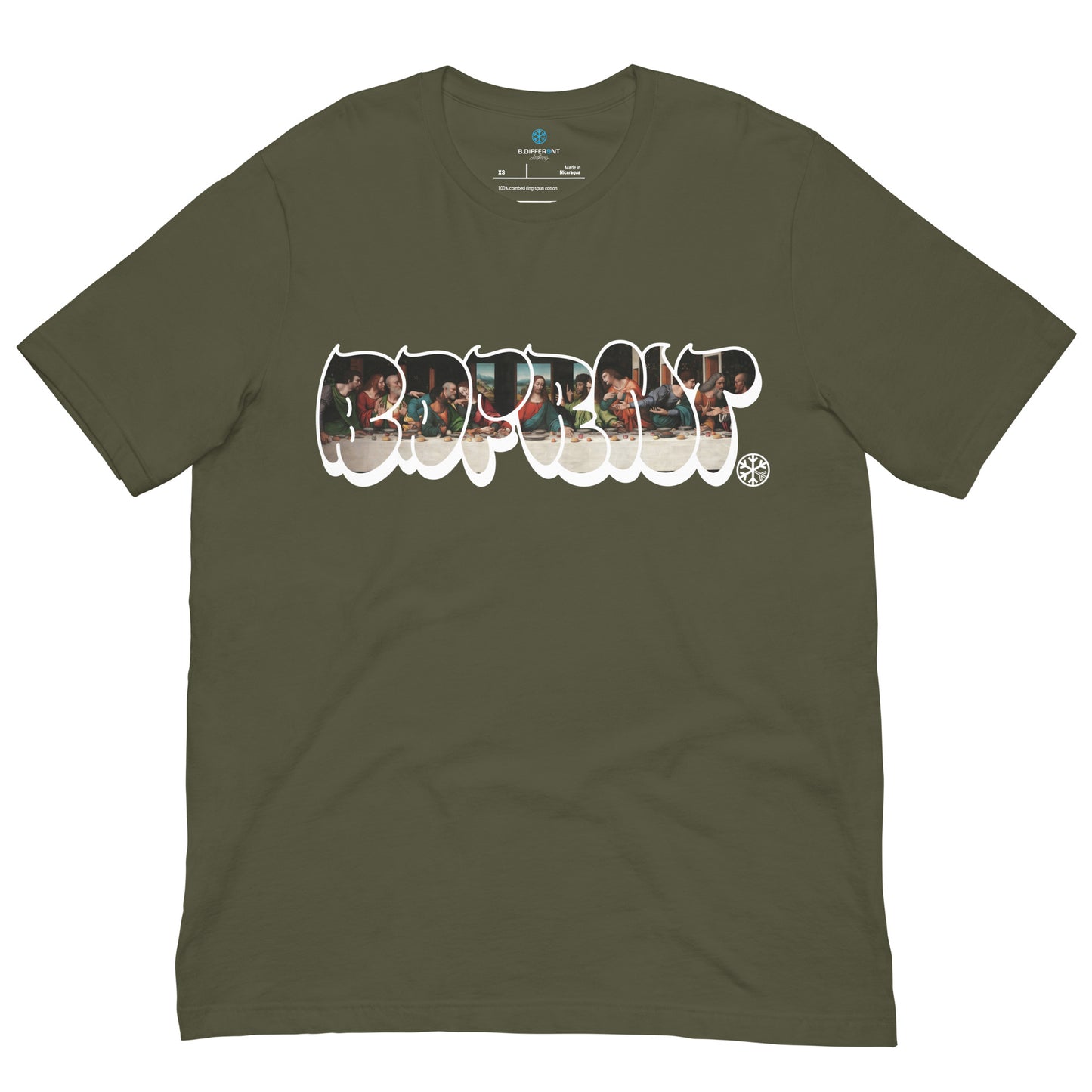 Green-BDFRNT Throwie x Last Supper Graffiti Tee from B.Different Clothing, front view, graffiti-inspired streetwear t-shirt