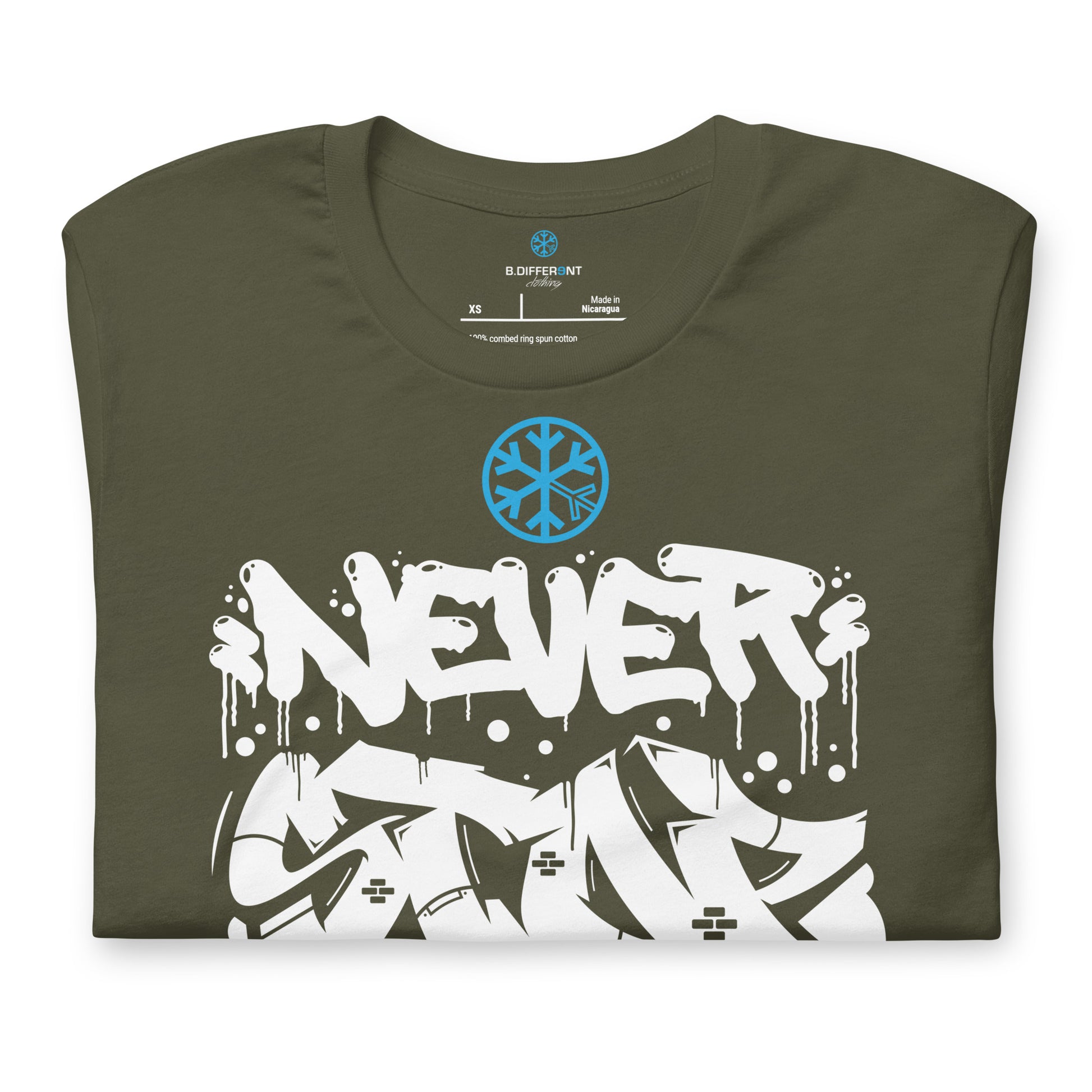 Green-Never Stop Graffiti Piece Tee from B.Different Clothing, folded, graffiti-inspired streetwear t-shirt