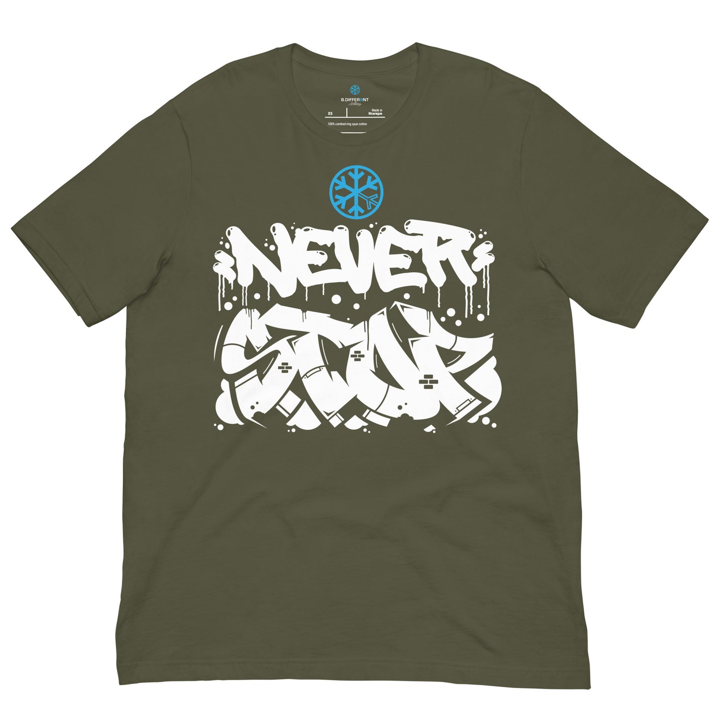 Green-Never Stop Graffiti Piece Tee from B.Different Clothing, front view, graffiti-inspired streetwear t-shirt