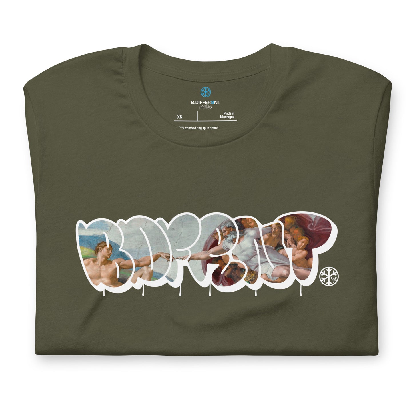 Green-BDFRNT Throwie x Creation of Adam Graffiti Tee from B.Different Clothing, folded, graffiti-inspired streetwear t-shirt