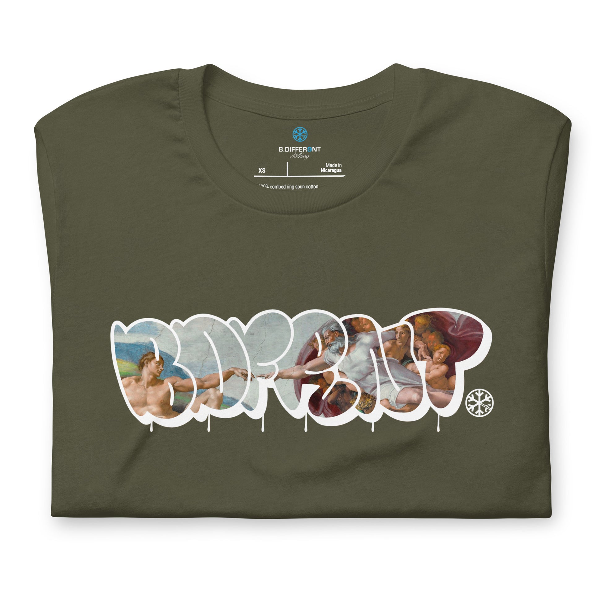 Green-BDFRNT Throwie x Creation of Adam Graffiti Tee from B.Different Clothing, folded, graffiti-inspired streetwear t-shirt