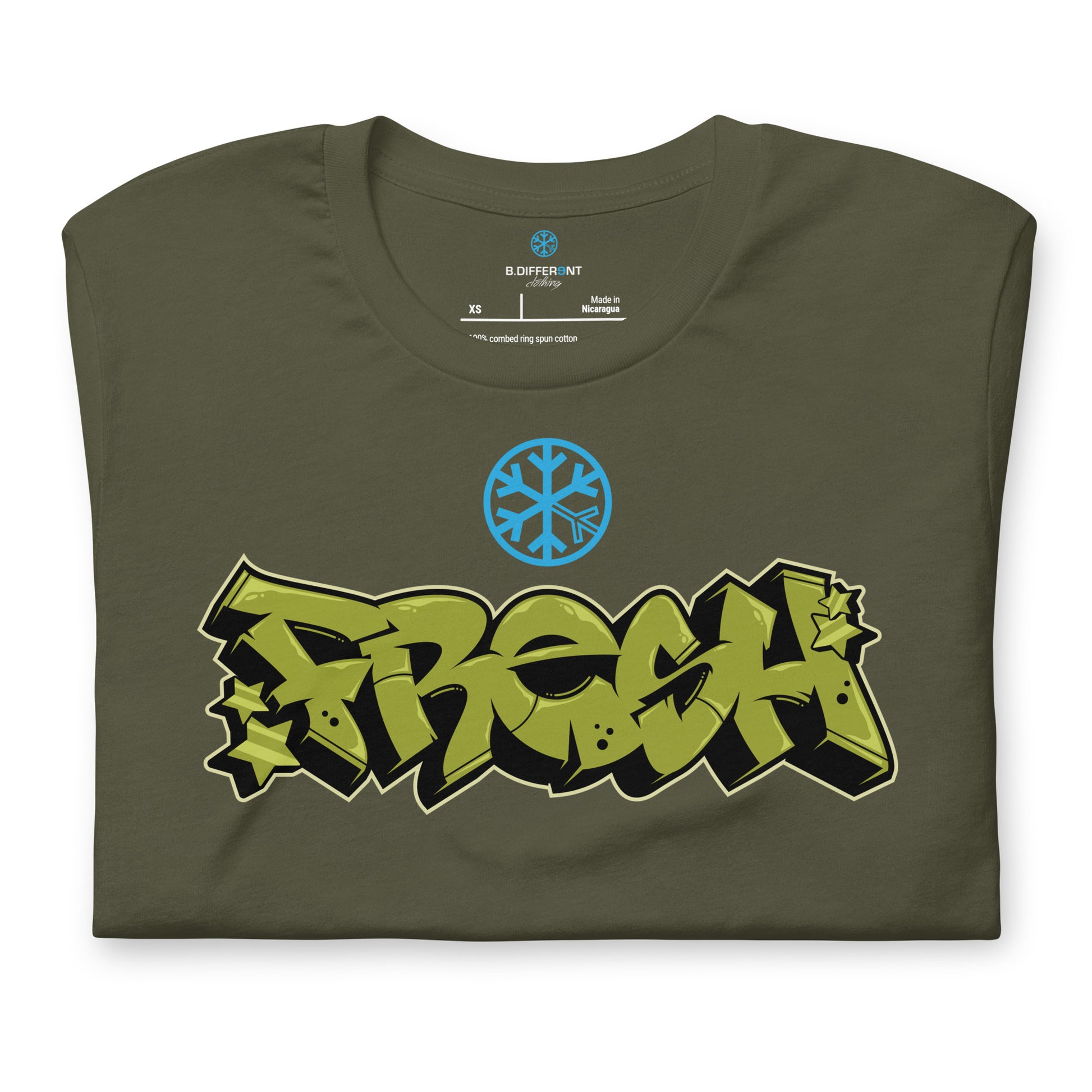 Green-Fresh Graffiti Piece Tee from B.Different Clothing, folded, graffiti-inspired streetwear t-shirt