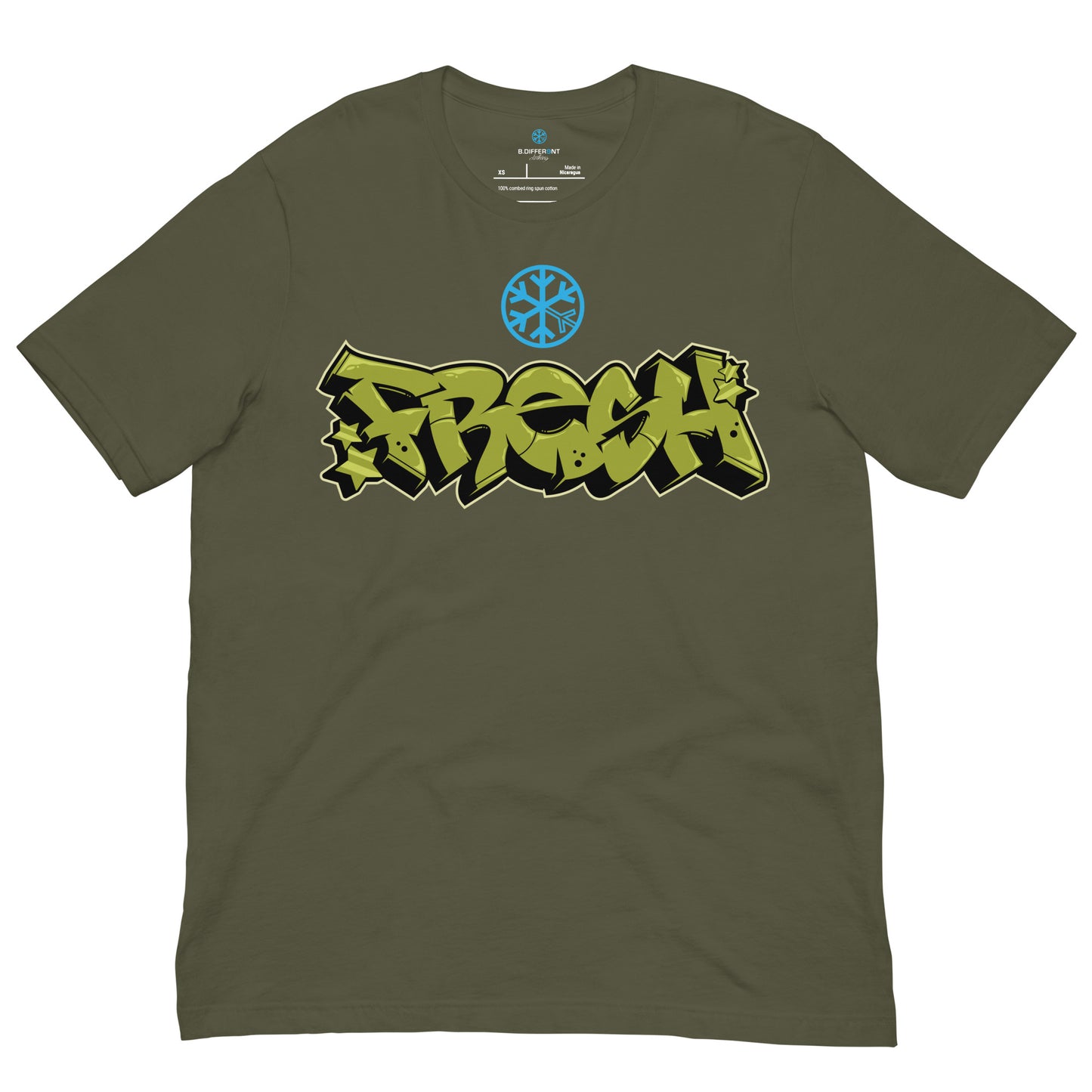 Green-Fresh Graffiti Piece Tee from B.Different Clothing, front view, graffiti-inspired streetwear t-shirt