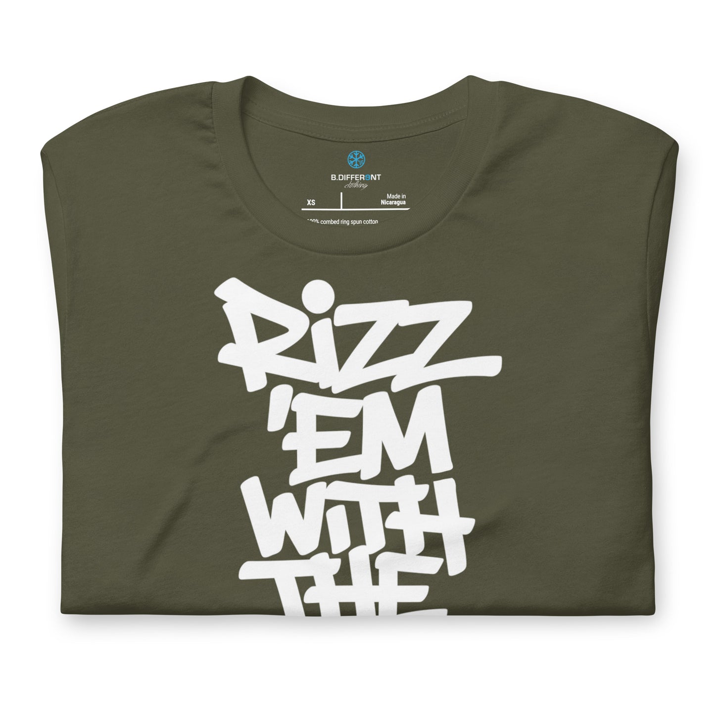 Green-Rizz 'Em With The 'Tism Graffiti Tee from B.Different Clothing, folded, graffiti-inspired streetwear t-shirt